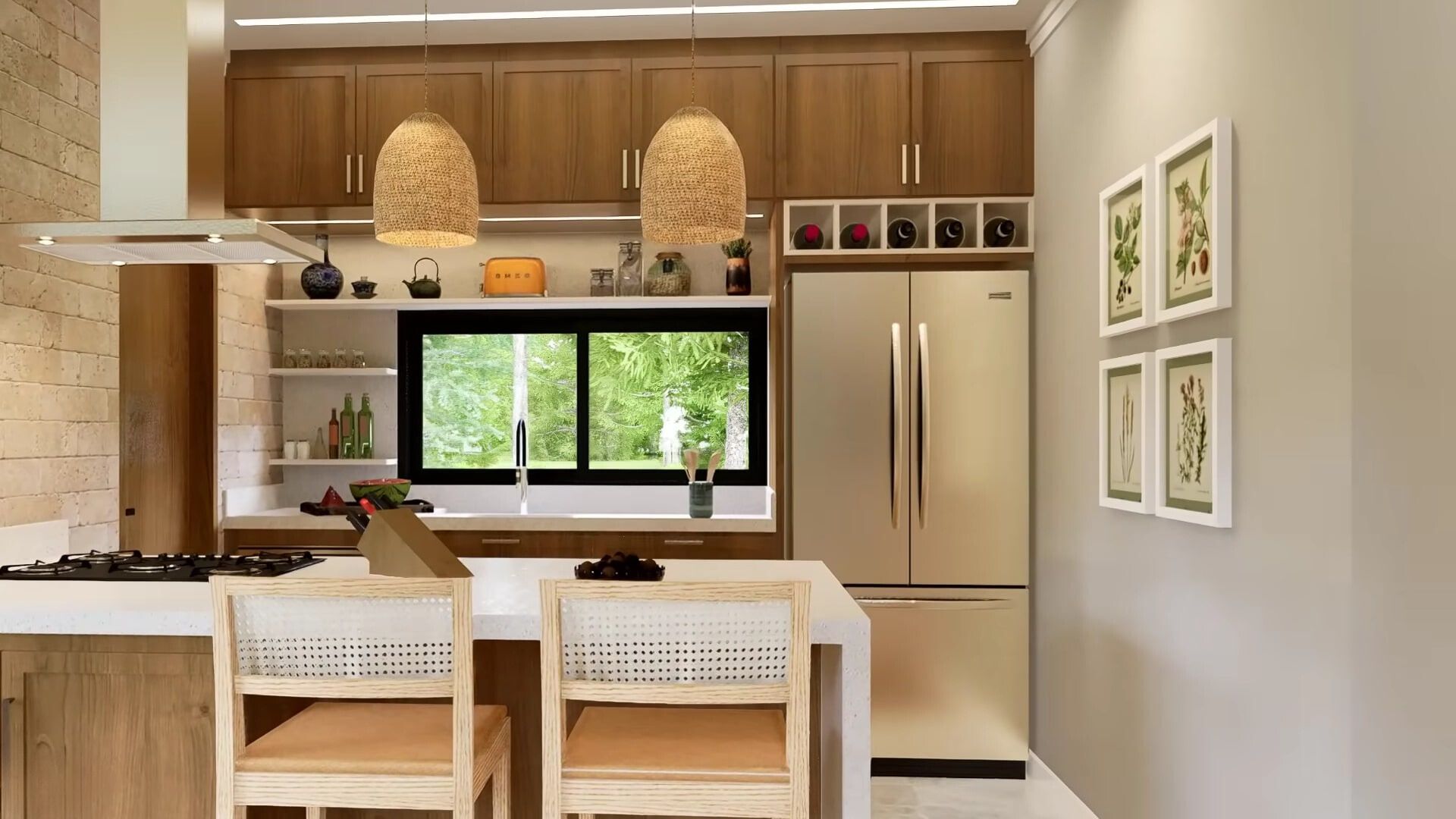 Kitchen with island and brown cupboards