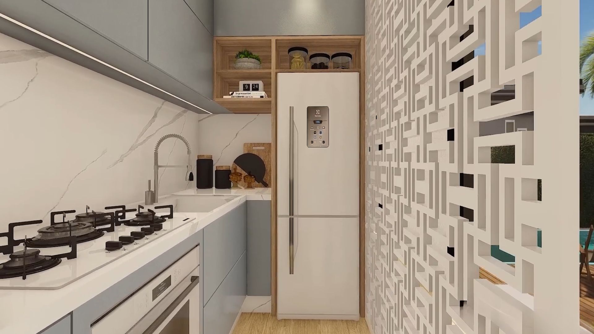 light grey matte kitchen cabinets with a white marble backsplash, a fridge, shelves, and a carved wooden panel as a room divider