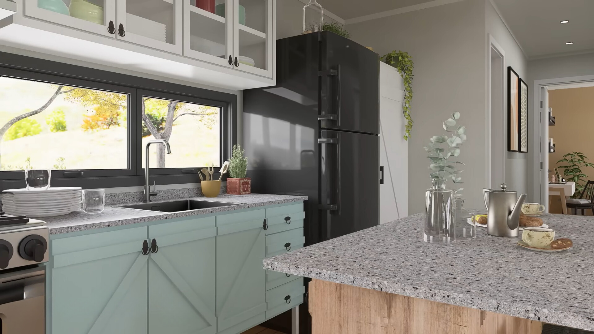 kitchen with white and teal cabinets, black fridge, textured countertop