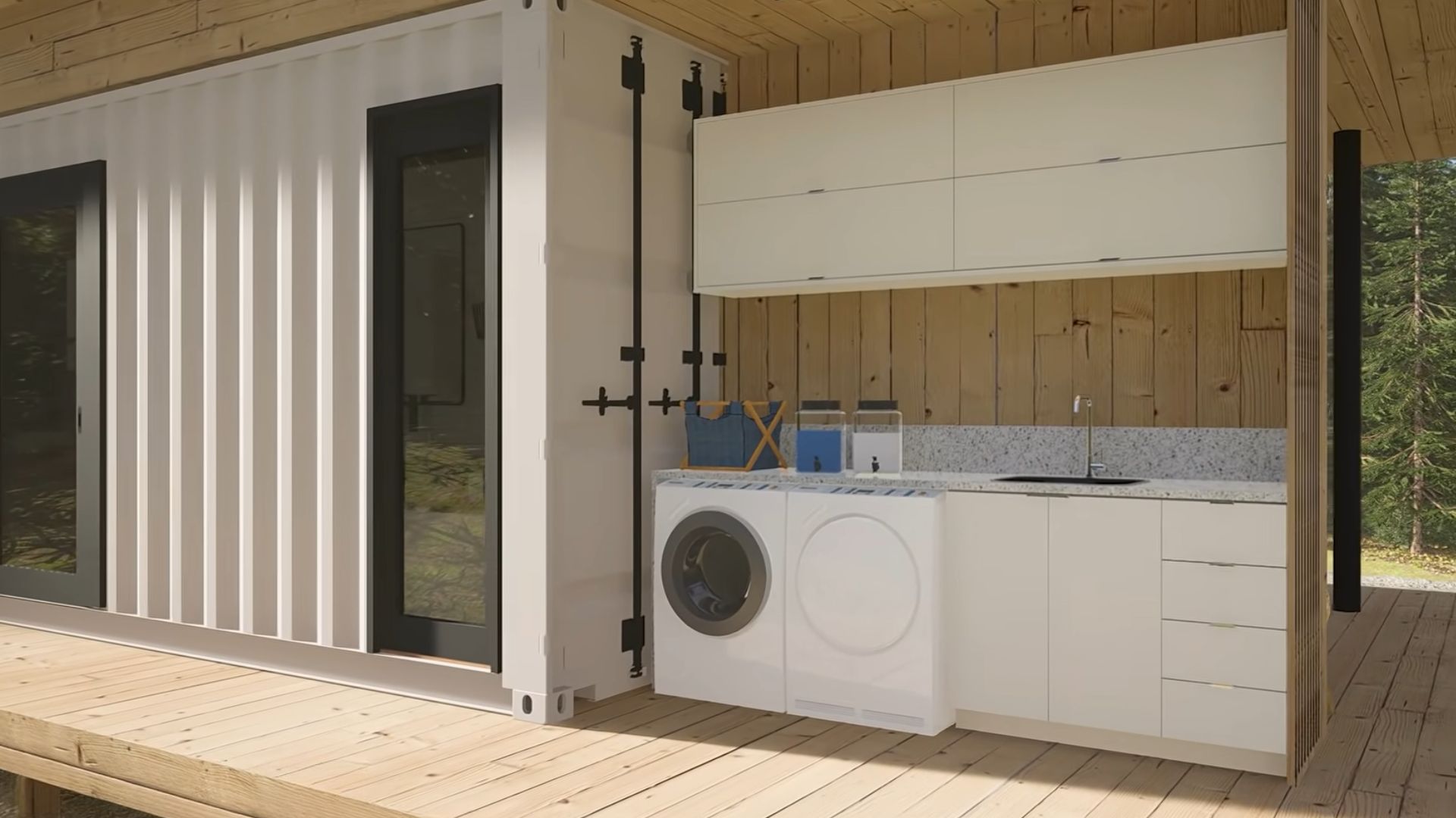 laundry area outside with a washer and dryer combo and lots of storage space