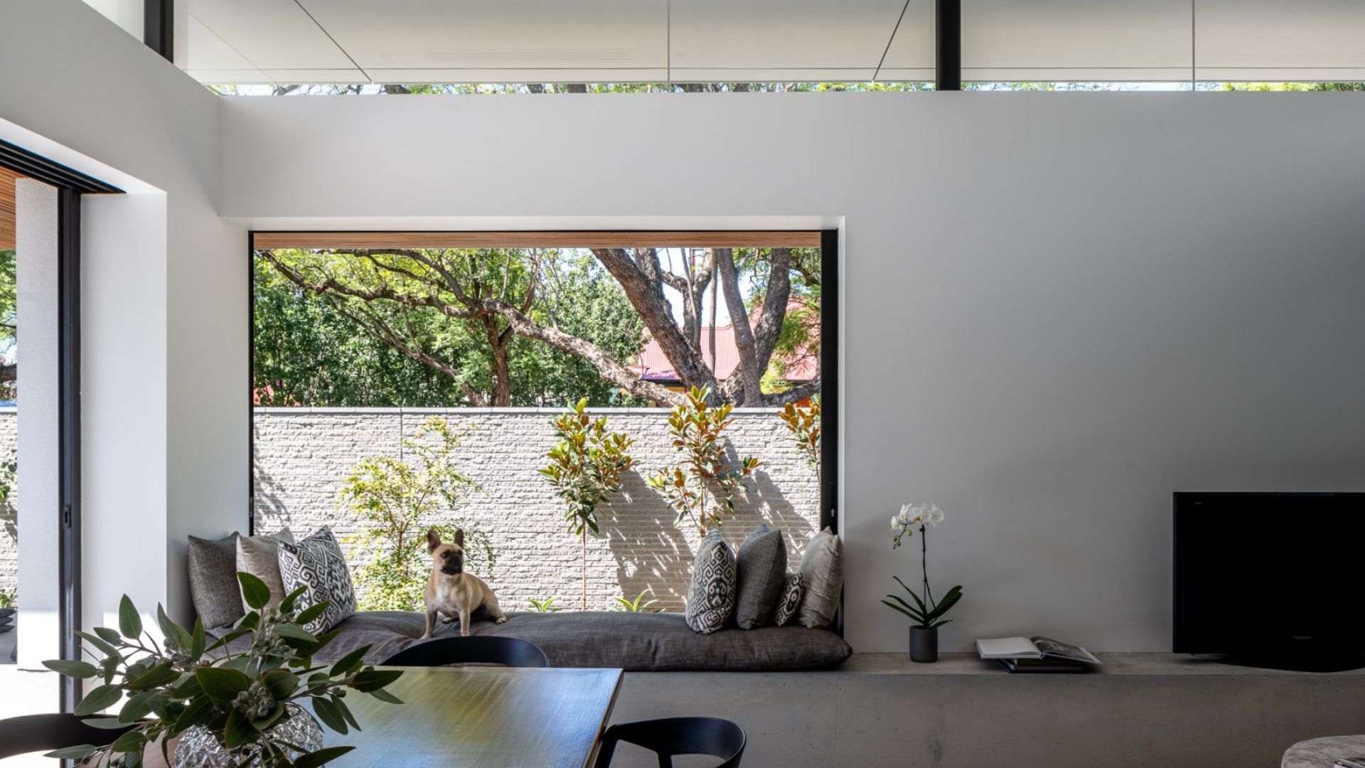 living room area with flat screen TV, a window nook with a dog on it, and a dining room table peeking in the corner