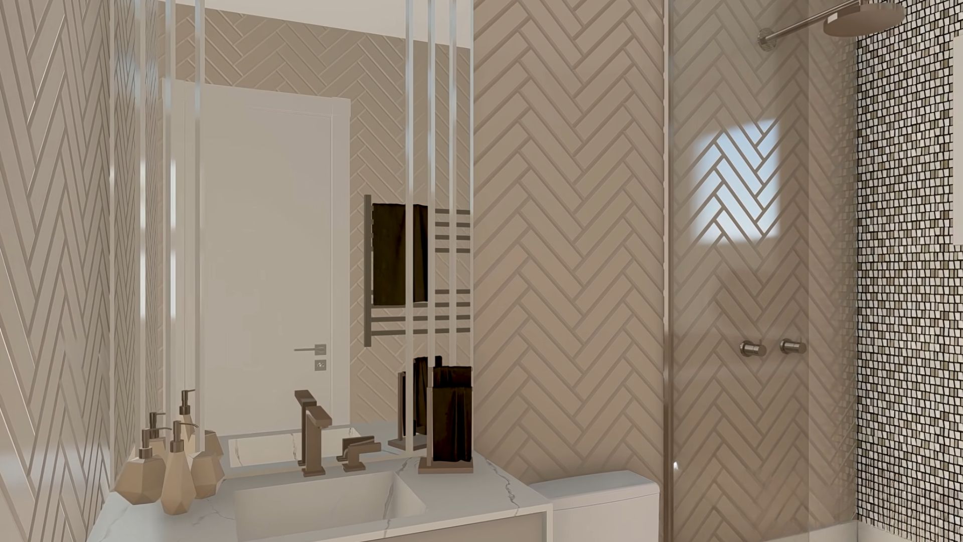 master bathroom in beige and gold with fishbone tiles and a walk-in shower