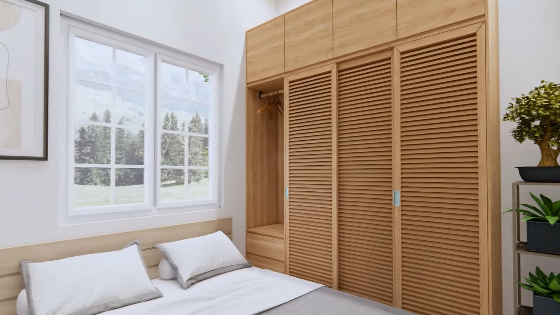 master bedroom with a queen bed, light grey bedding, a big wooden closet, and plants in the corner