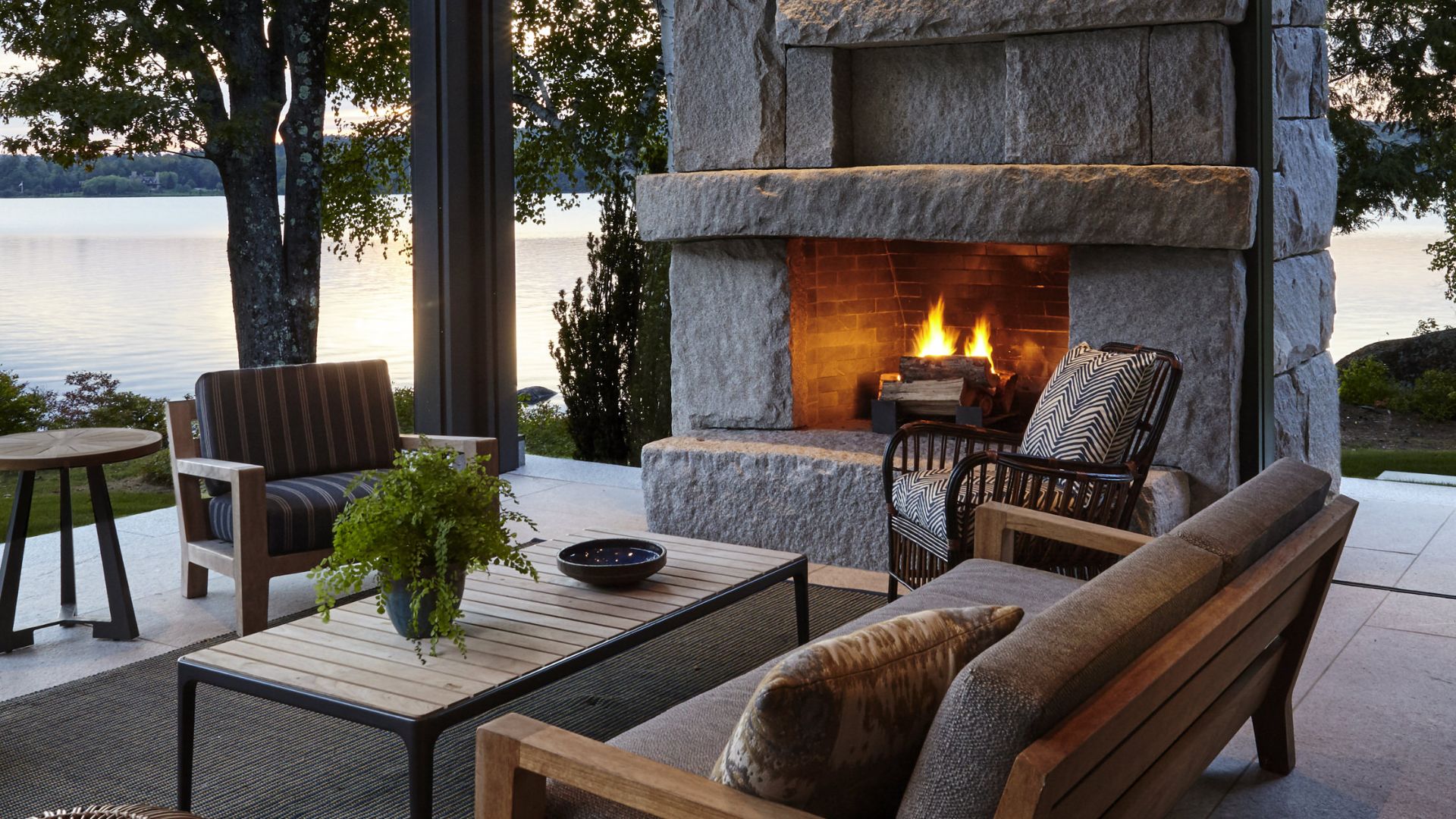 outdoor sitting area with a nice big fireplace