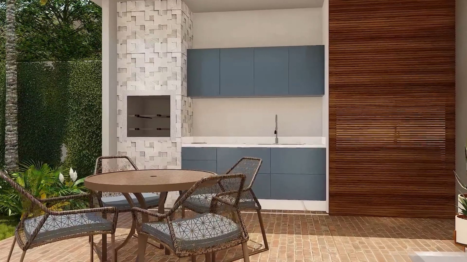 outside gourmet area with a grill, a small kitchen, lots of storage, and a dining room table for two