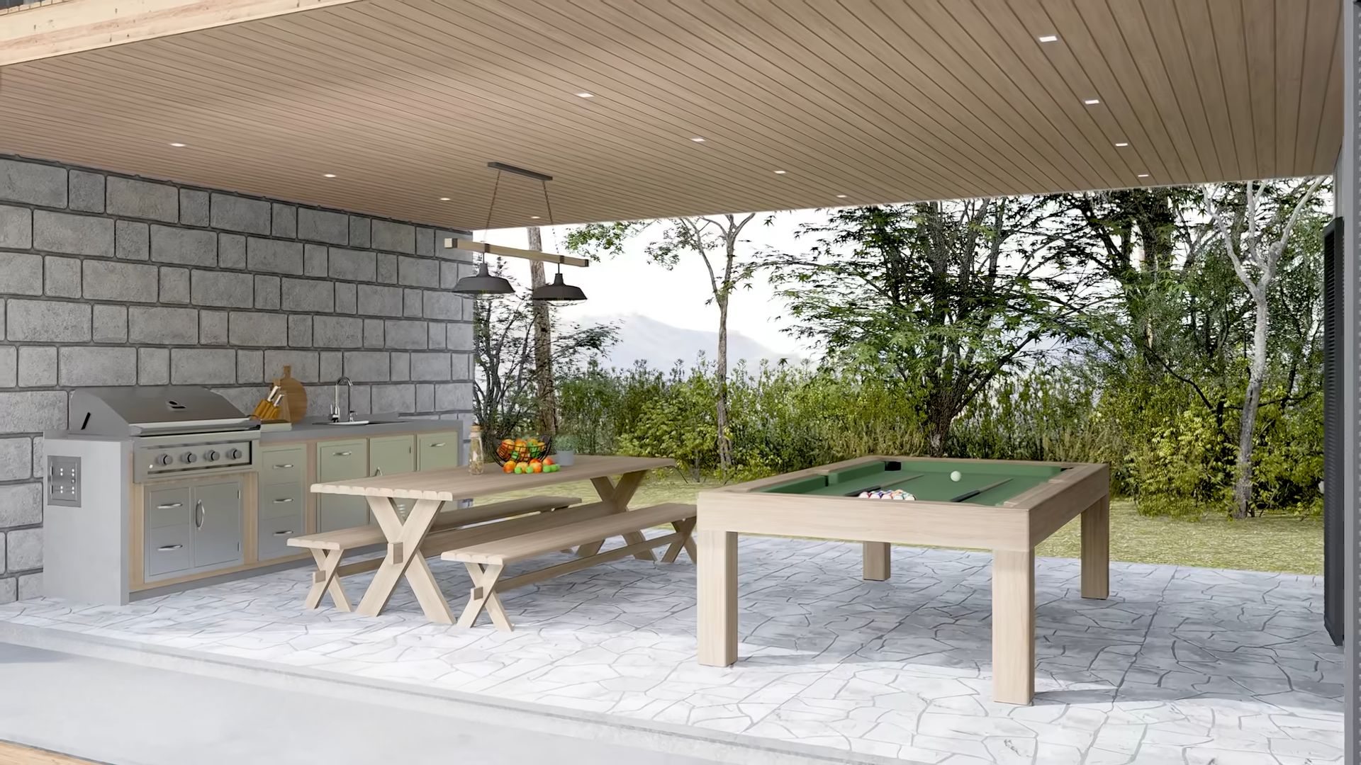 Patio with a pool table, grill and a table