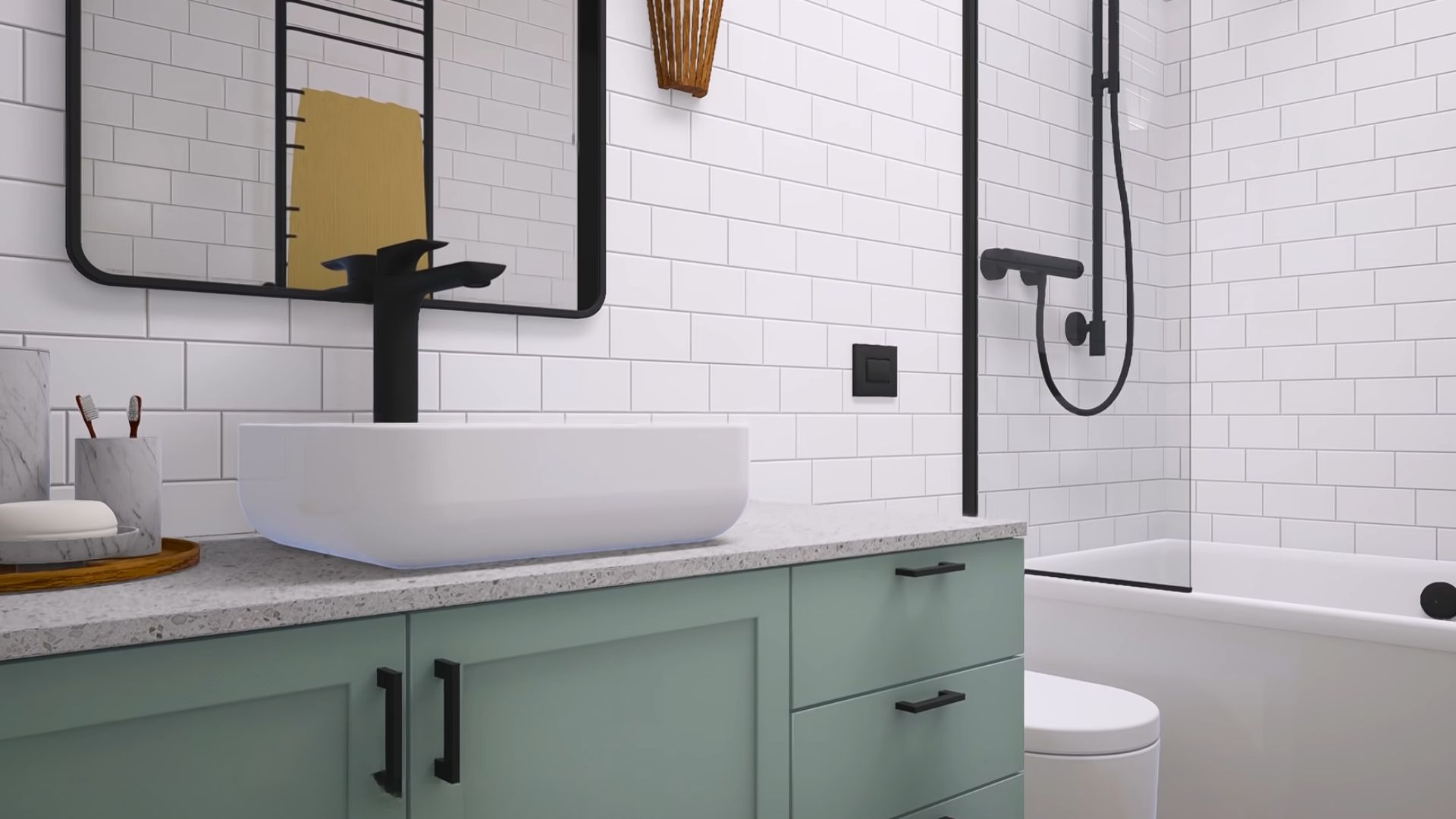 family bathroom with a sage vanity, a white sink, black hardware, and a shoer and tub combination