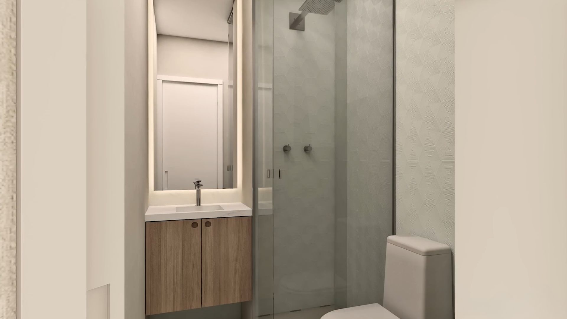 small and simple bathroom idea with a wooden vanity and a walk-in shower