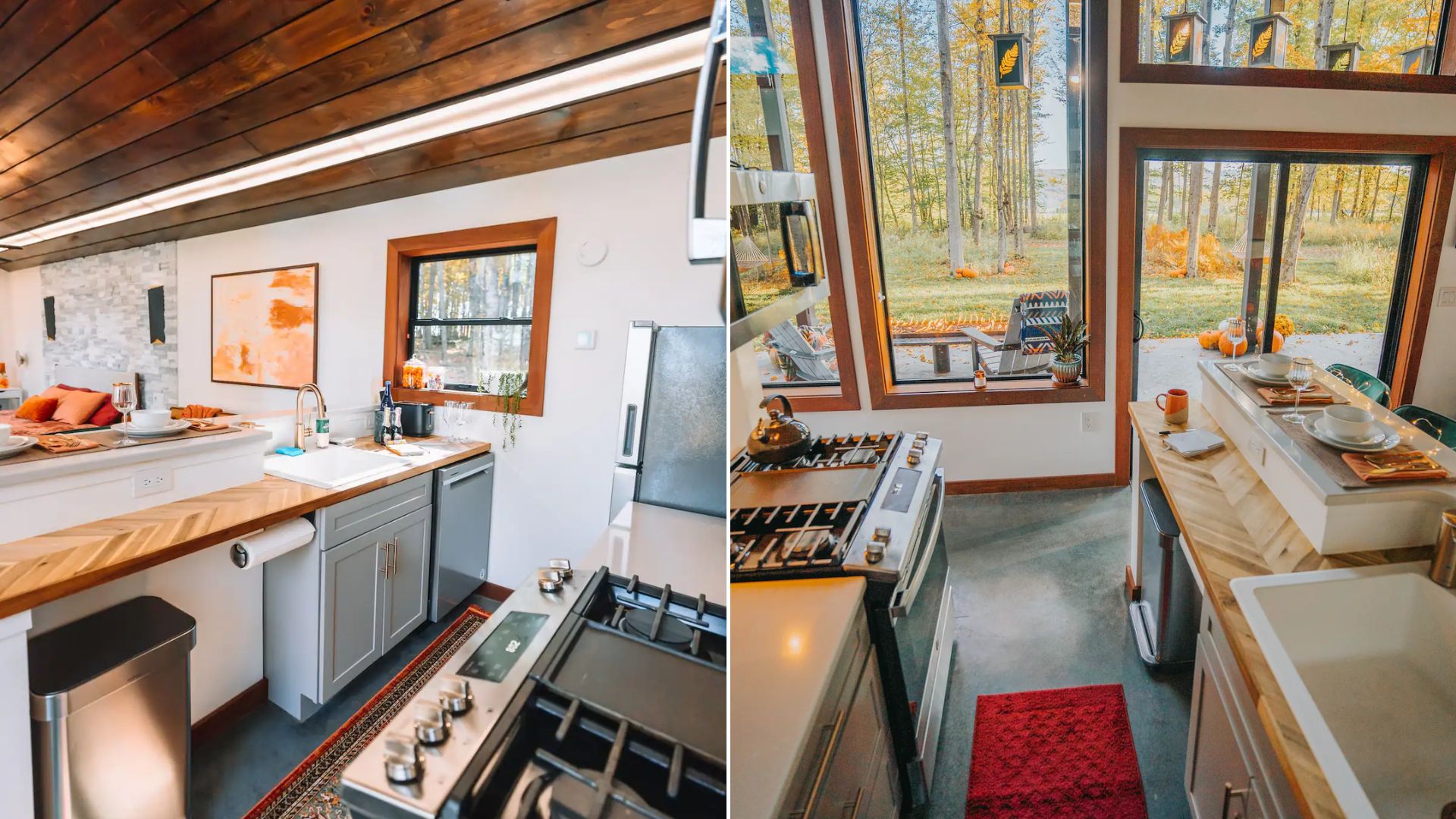 collage photo of the small and functional kitchen in hickory outpost with a view