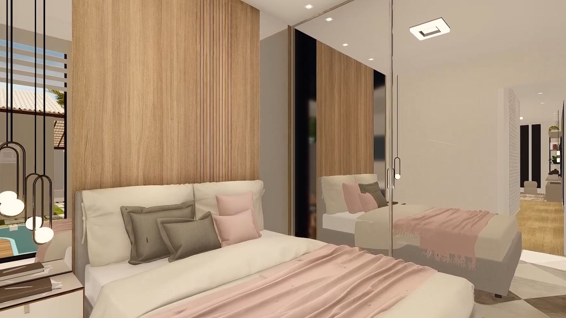 small bedroom with a comfy bed and beige and blush bedding, with a mirror closet