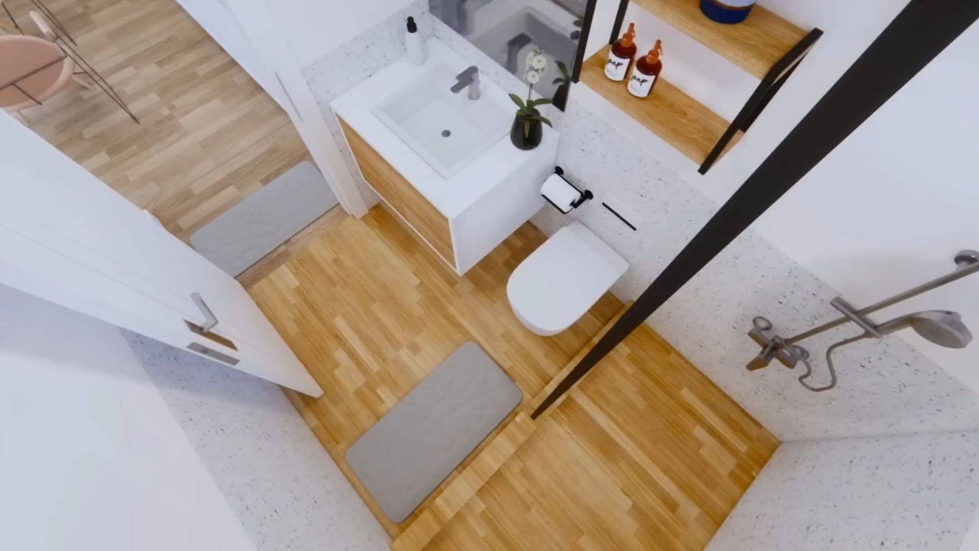 tiny bathroom photo from above, with a walk-in shower.a floating