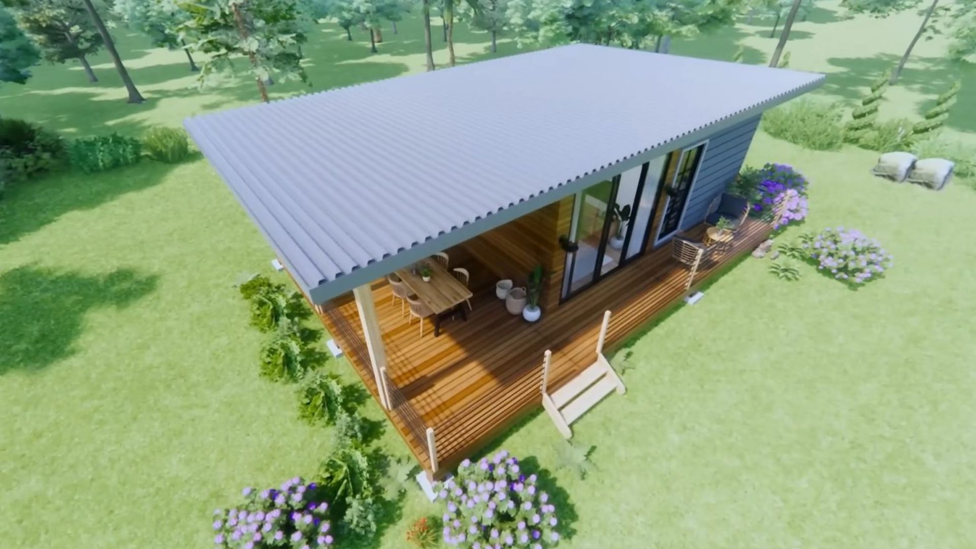 tiny house photo from above, with a corrugated flat roof and an L-shaped porch