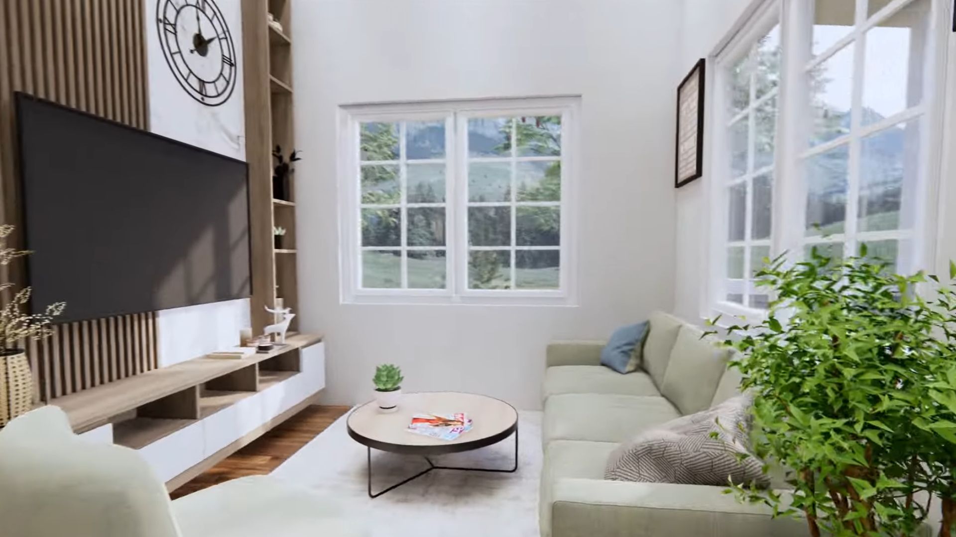 tiny living room with a sofa, a round table with an accent wall in wooden pannels and shelves, and a big TV