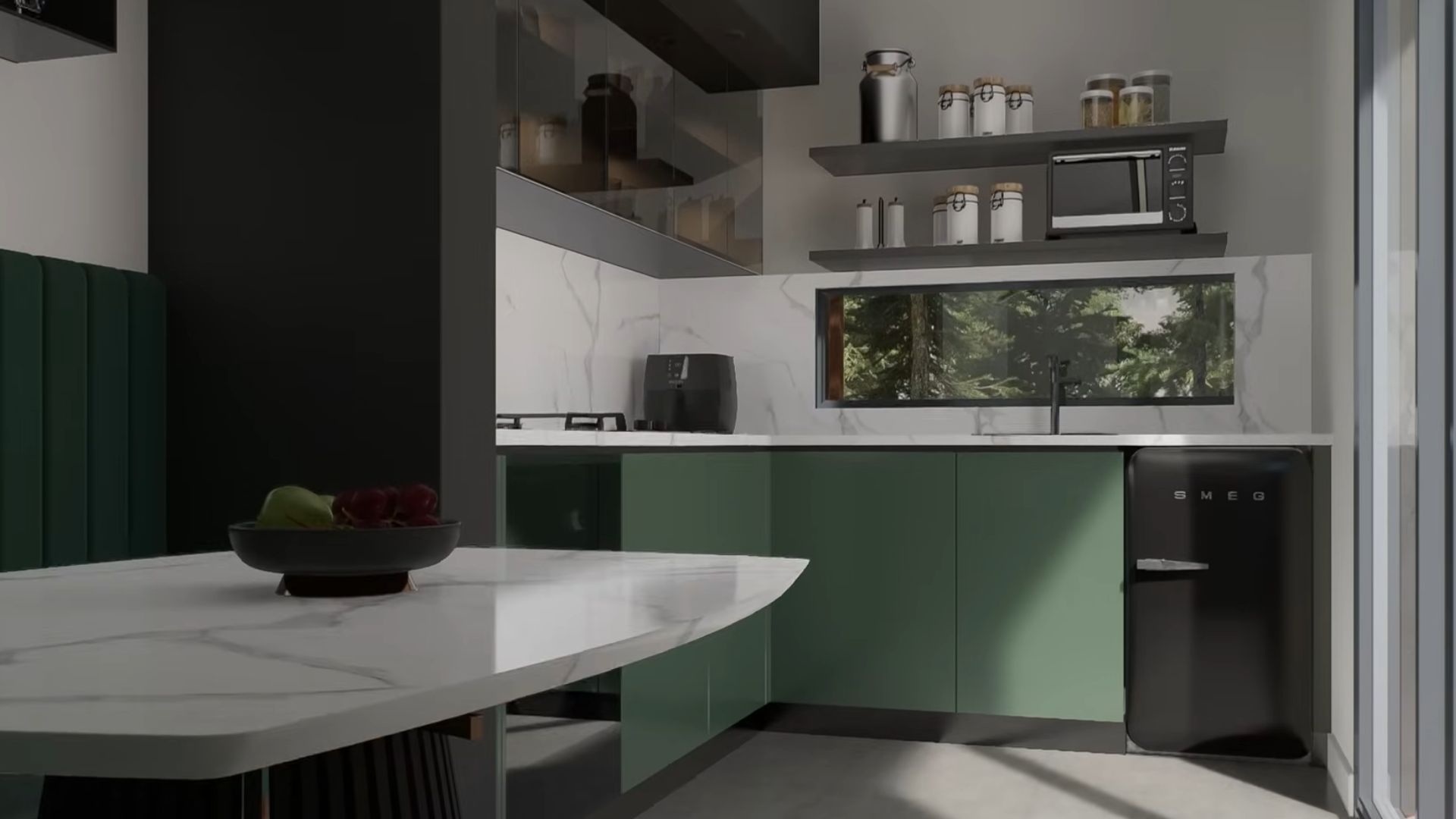 modern tiny kitchen with forest green cabinets, shelves, black details, and a marble backsplash