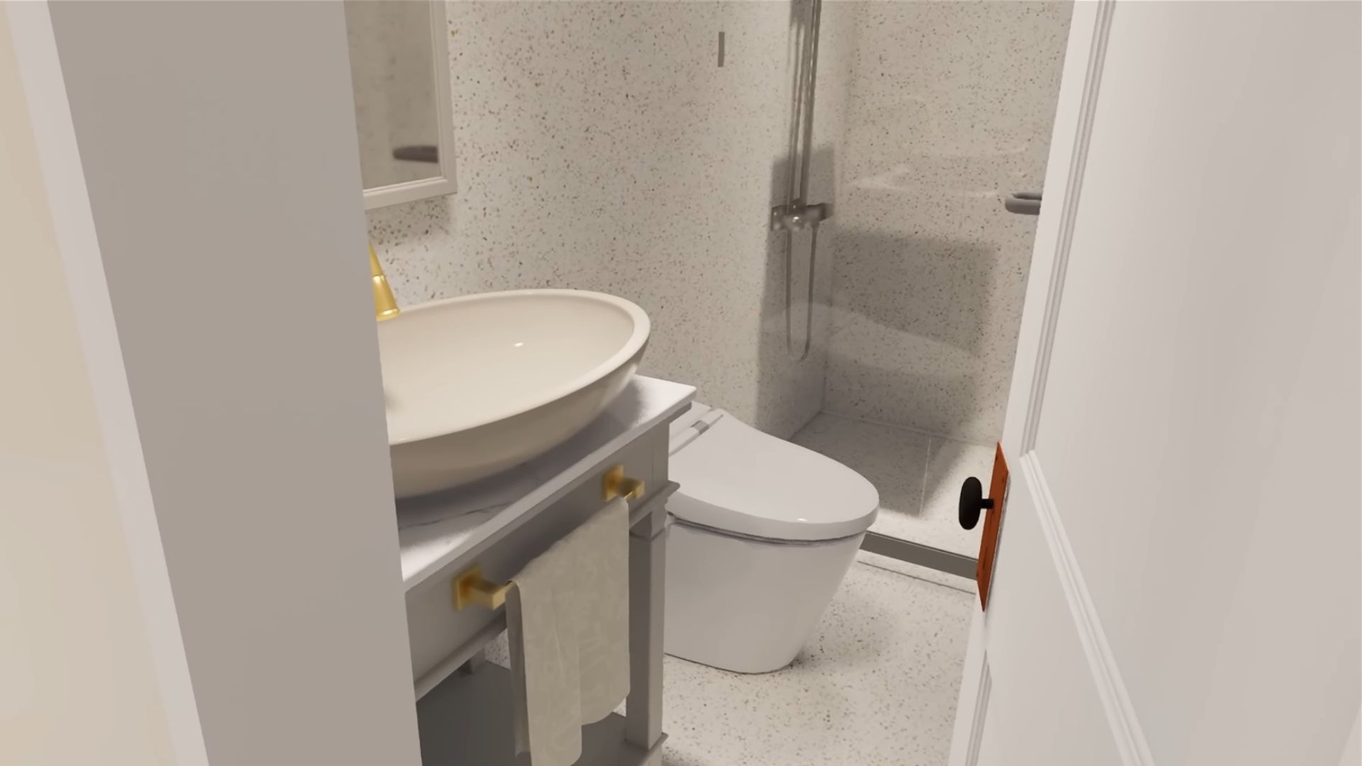 small bathroom in white with a sleek toilet bowl and glass door shower