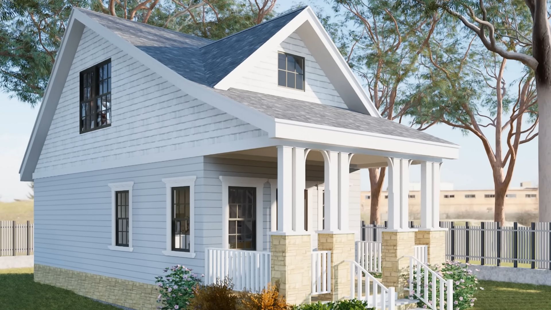 exterior of tiny white house with porch and columns