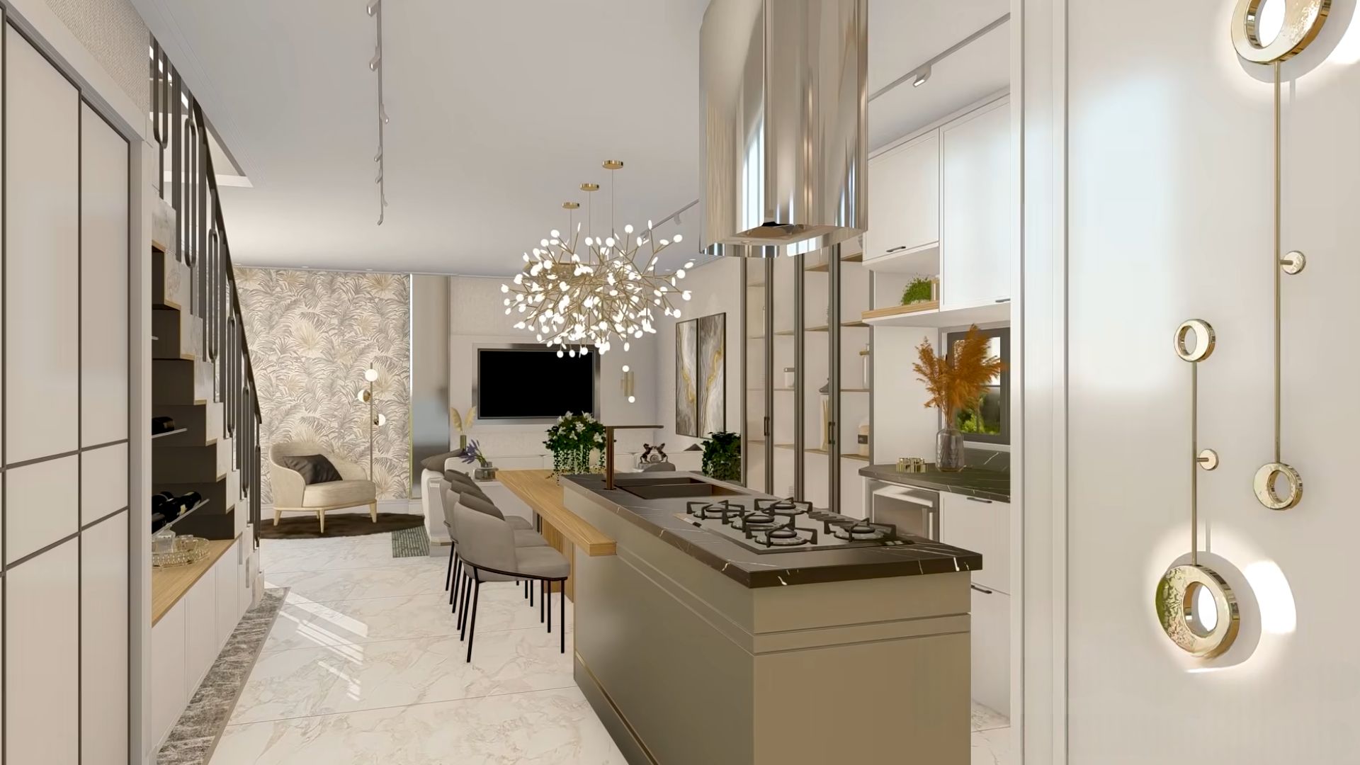 view into the kitchen with a mirror finish range hood, a kitchen island, and lots of storage