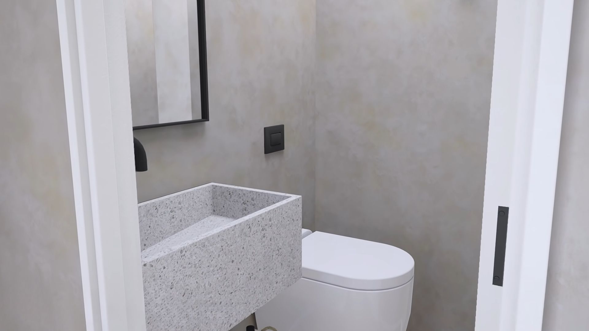 half bathroom in grey and white with an interesting sink and a black trim mirror above it