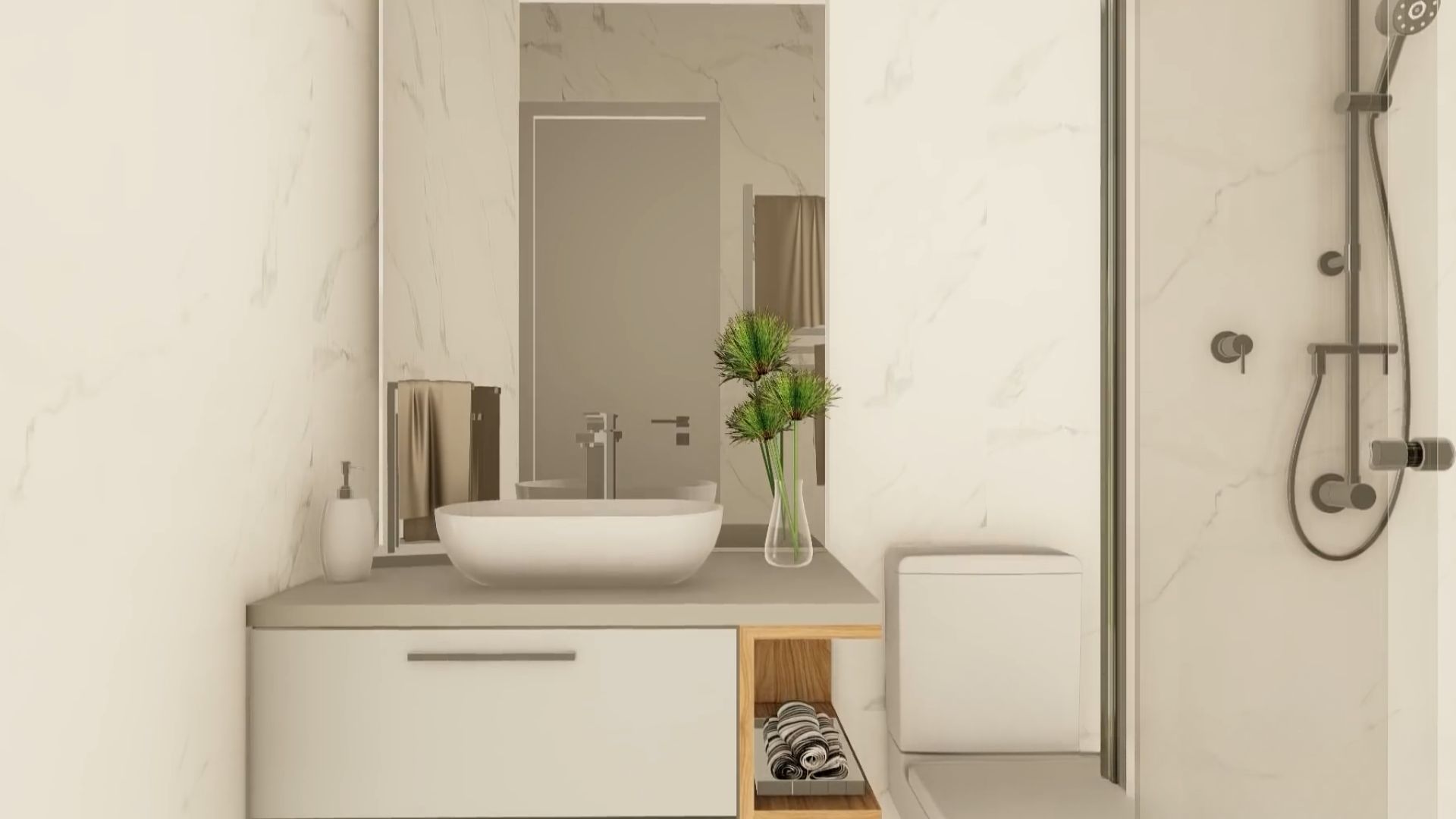 simple white bathroom with marble tiles and details, a white sink and vanity, a walk-in shower, and accent wood shelves