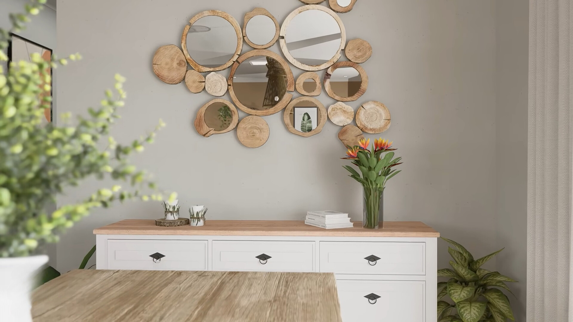 white cabinet with brown, wooden mirrors