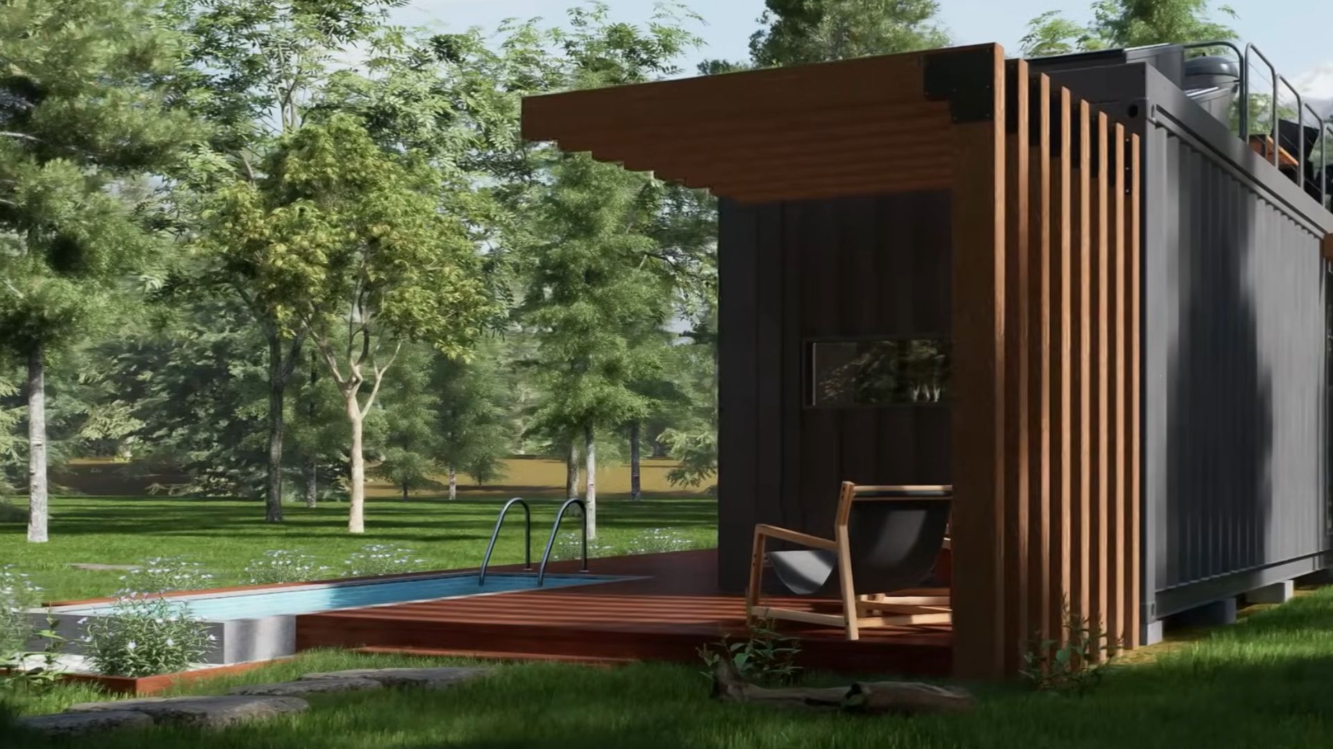 wooden poles used to provide privacy and shade on one end of the container house, next to the pool