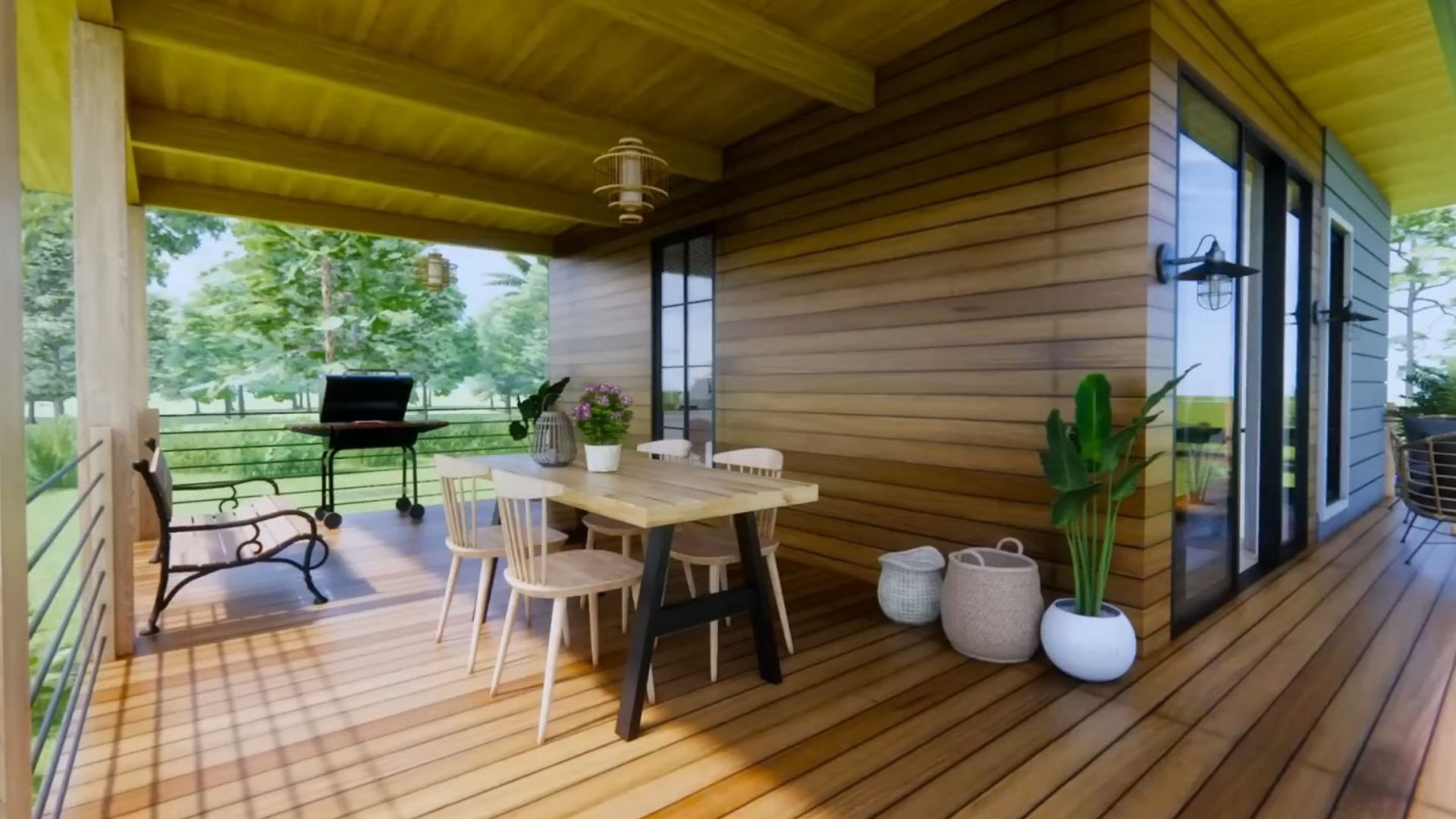 L-shaped porch around the house with wooden floors and wooden wall planks, a grill in the corner and a dining set