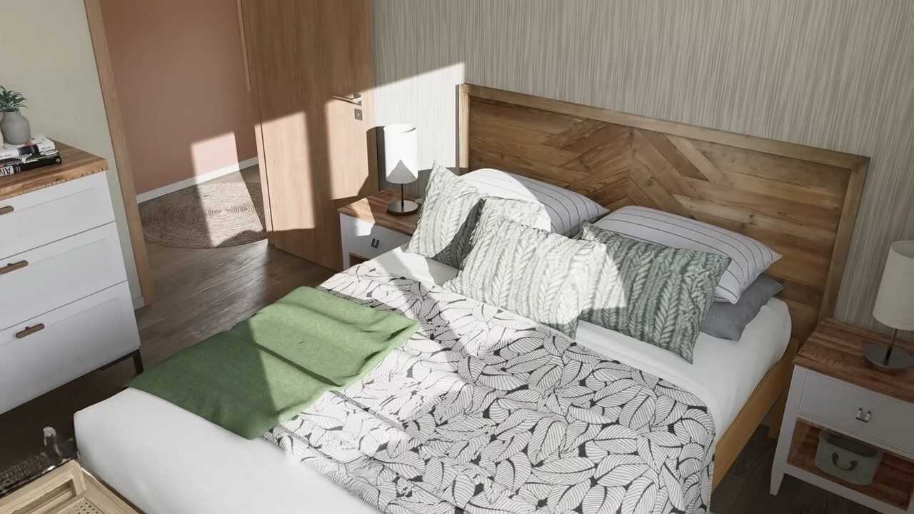 Bedroom with queen-sized bed and floral bedding