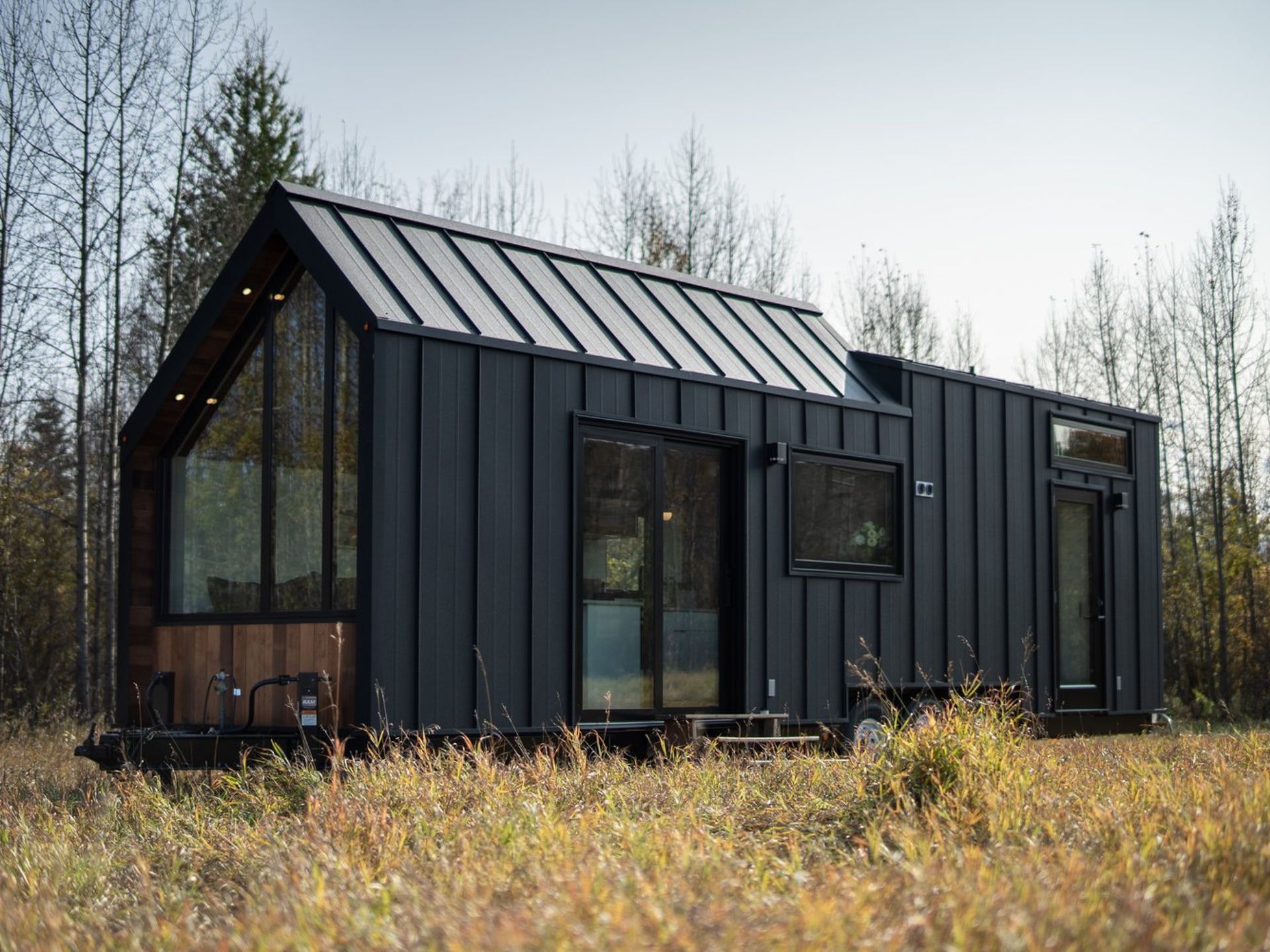 Black tiny house with glass doors