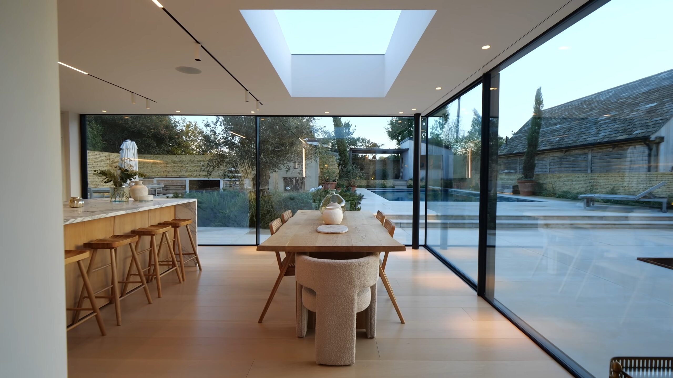 Kitchen with glass walls and sky light