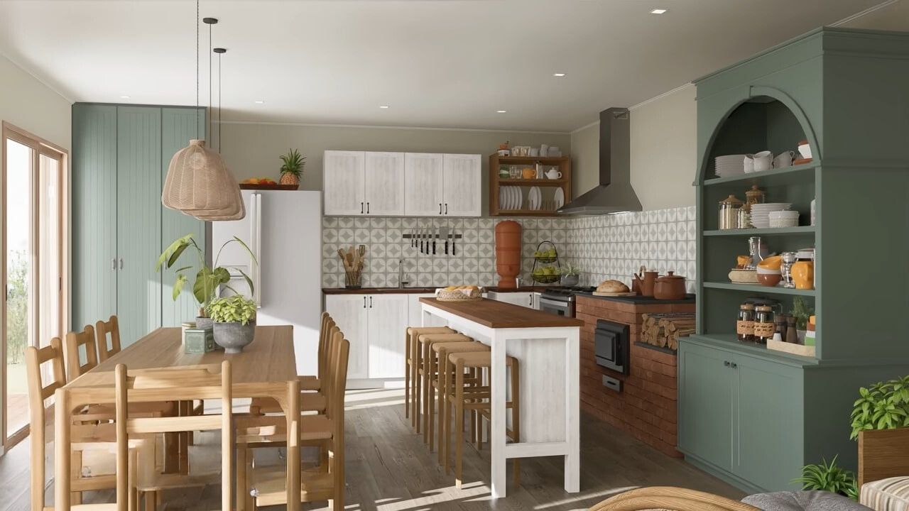 Large colorful kitchen with small island and wood fired pizza oven