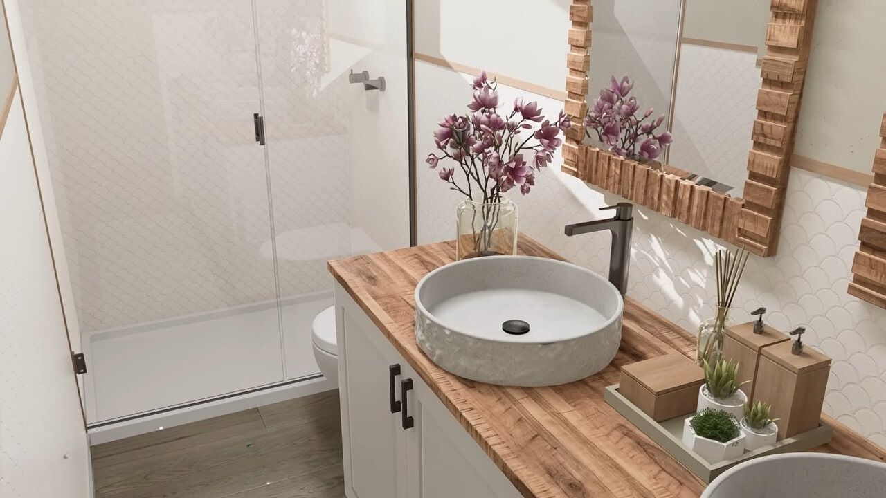 Mater boho bathroom with wooden and porcelain details