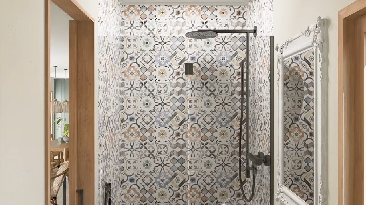 Walk-in shower with colorful tiles and black showerhead