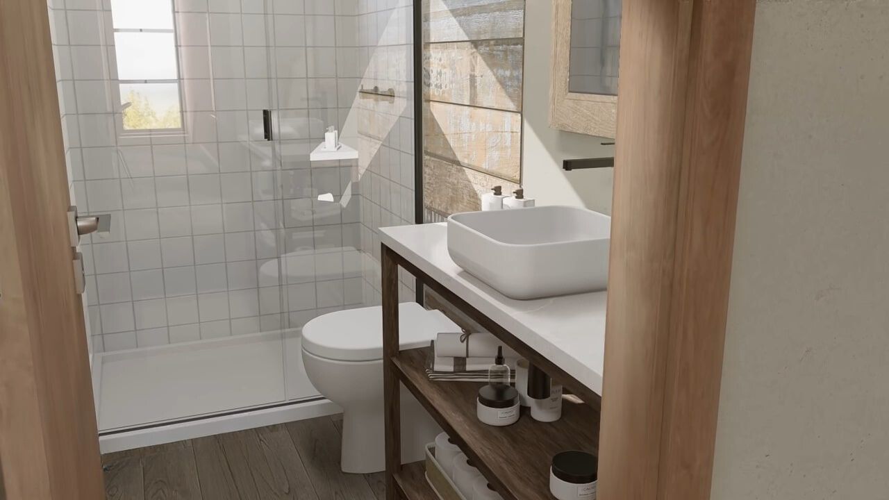 Small bathroom with wooden flooring and white walk-in shower