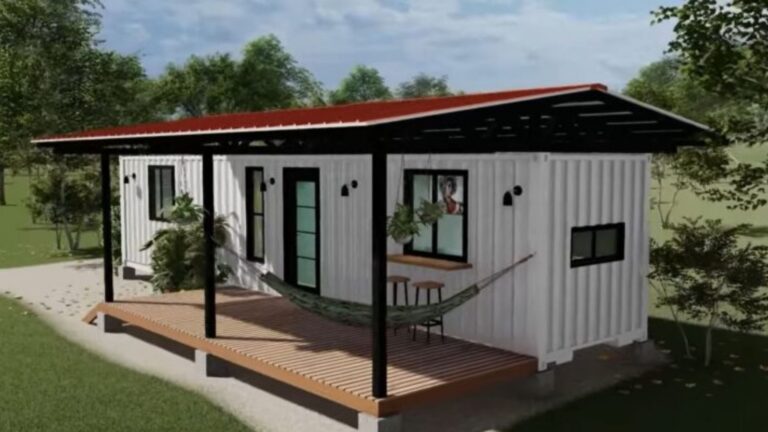 a small house made from a shipping container, featuring a wooden deck, a hammock, and surrounded by trees in a green, outdoor setting