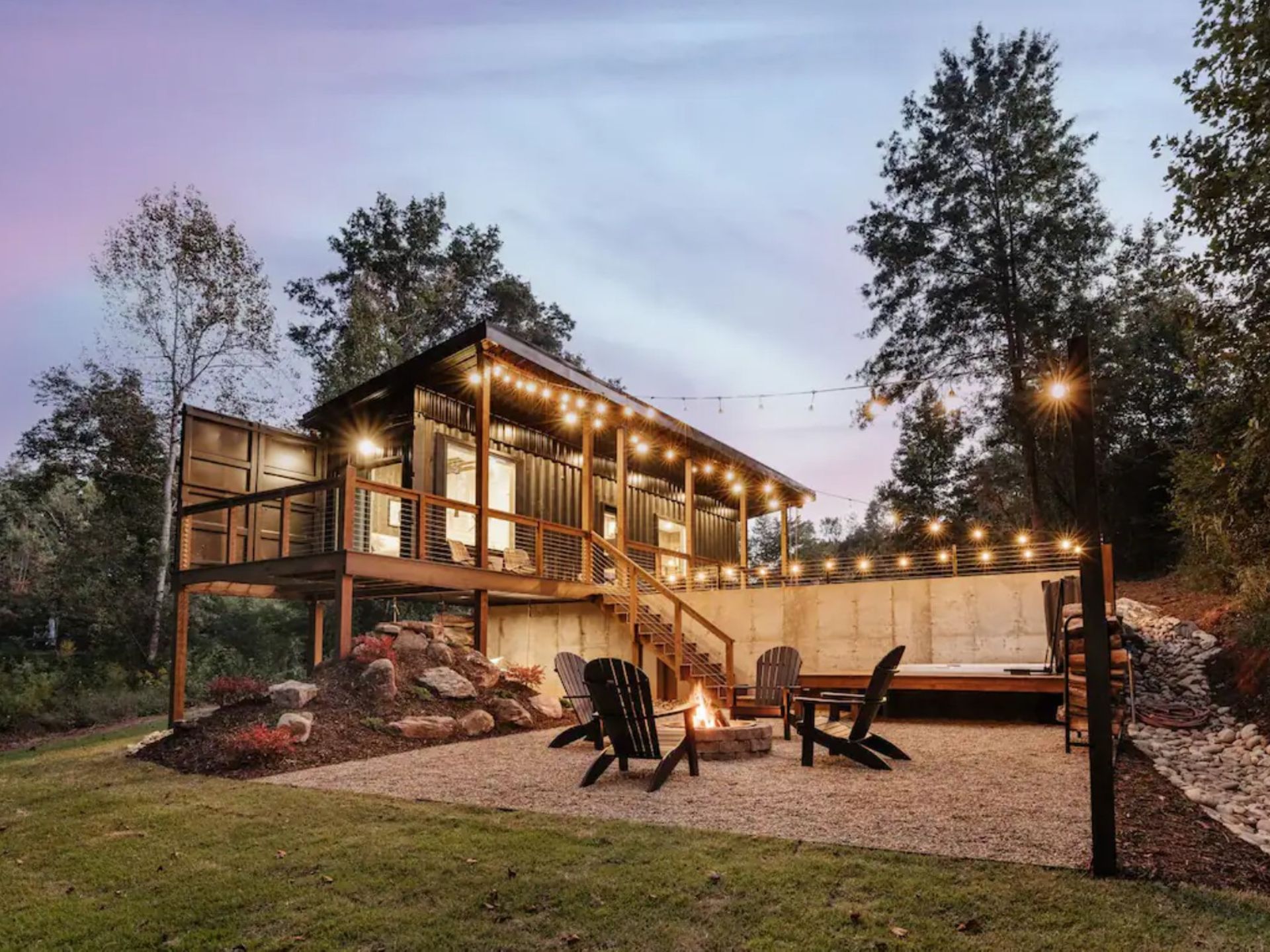 Shipping container home with fairy lights