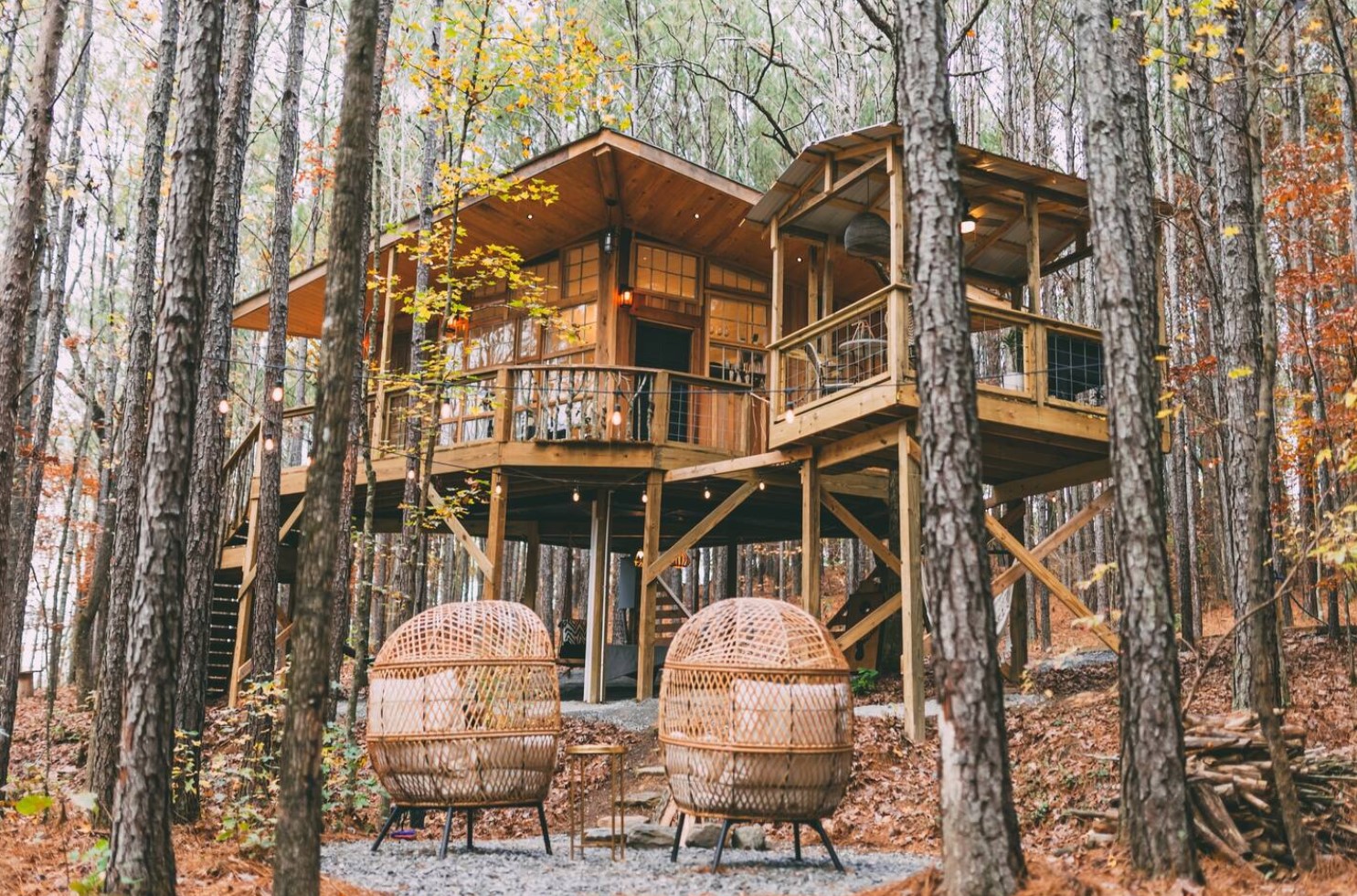 Treehouse cabin in the woods with wraparound deck