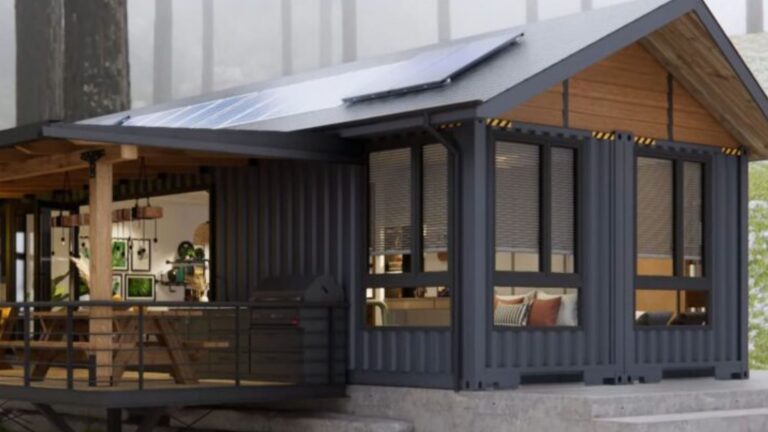 modern tiny house made from shipping containers with large windows, a spacious deck, and solar panels on the roof, nestled in a serene forest setting