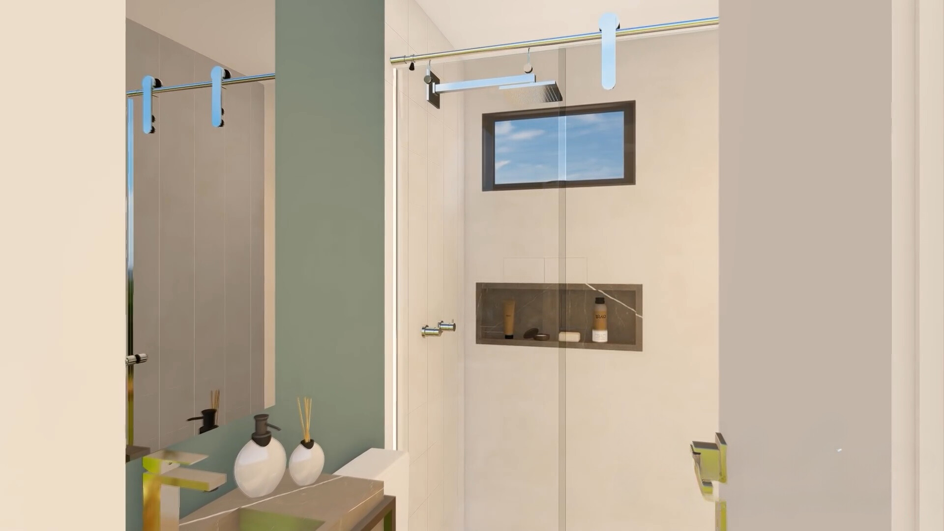 bathroom with a glass shower, tiny window, built in shelf with bathroom supplies