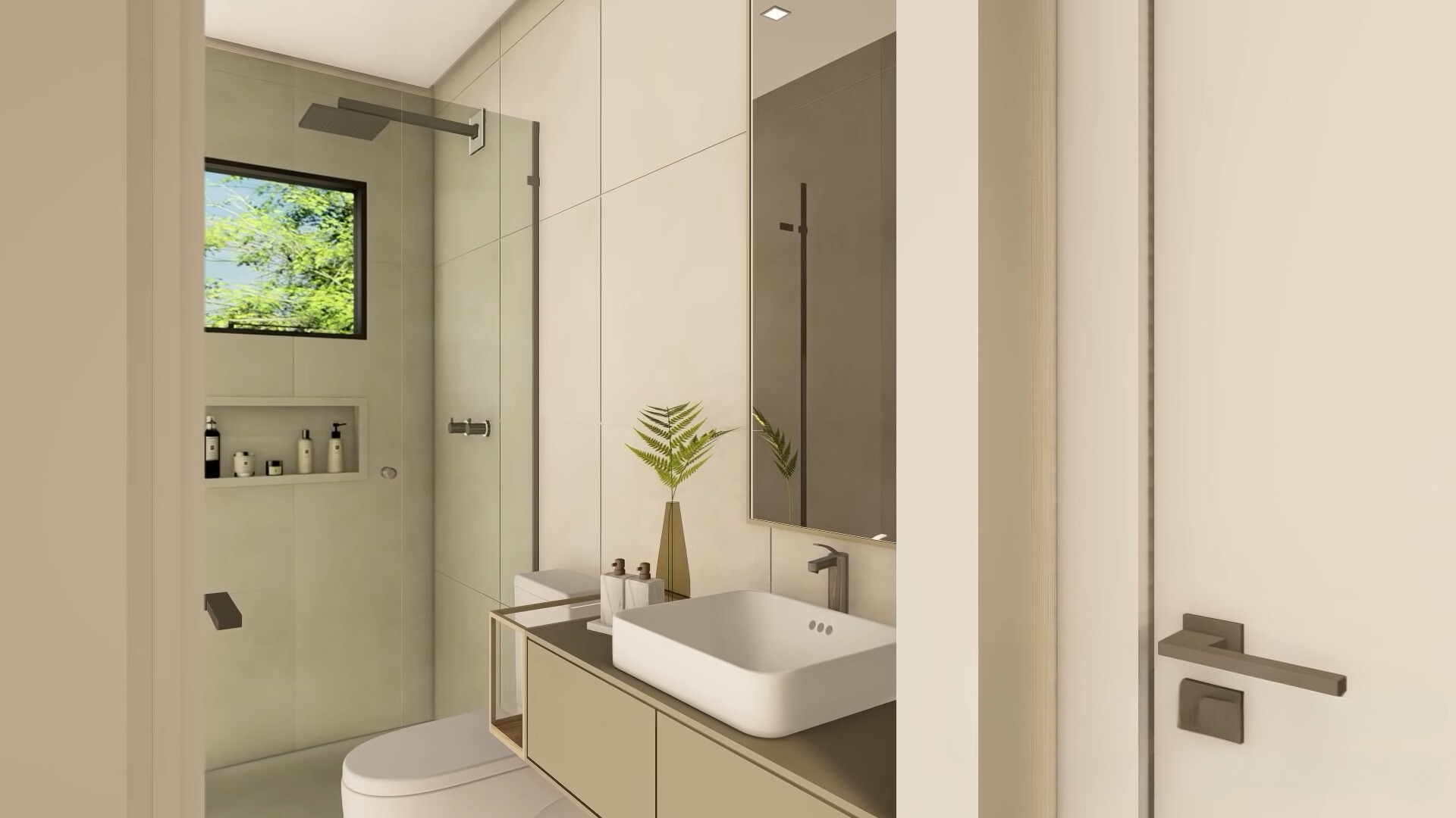 bathroom with a glass shower, tiny window, white sink and a built in shelf