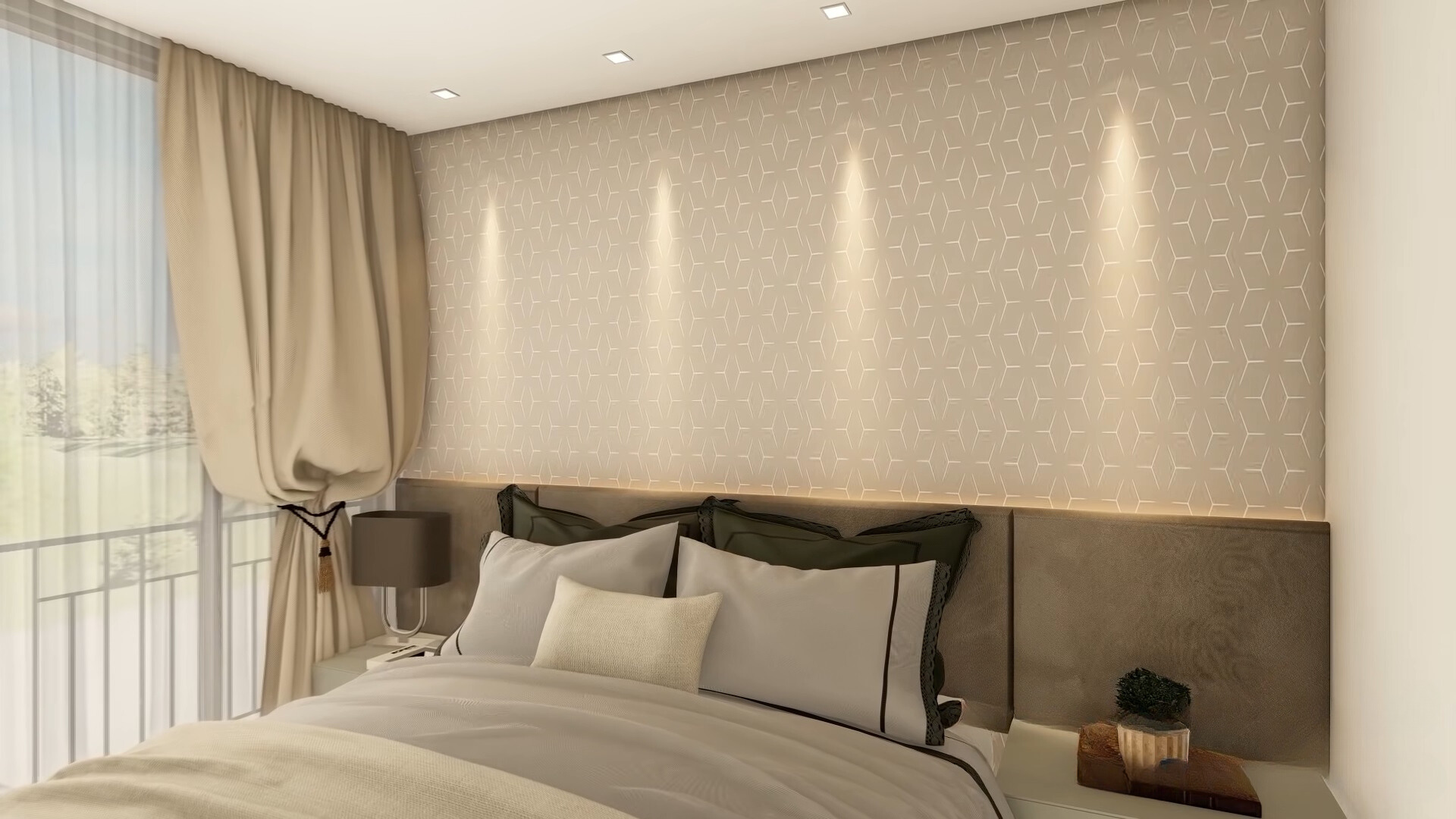 bedroom with a beige textured wall, tiny lights above it, a balcony and a beige curtain