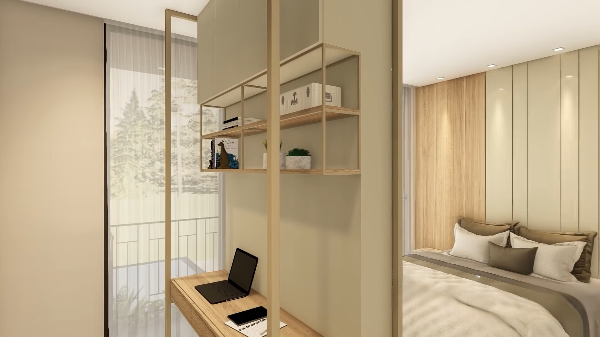 bedroom with beige walls, a balcony and an office area with a brown desk and shelves