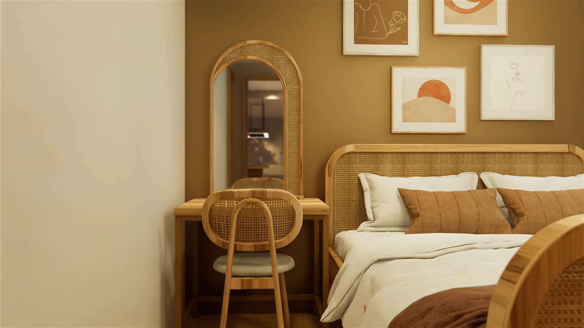 bedroom with a vanity, brown and beige walls and photos above the bed