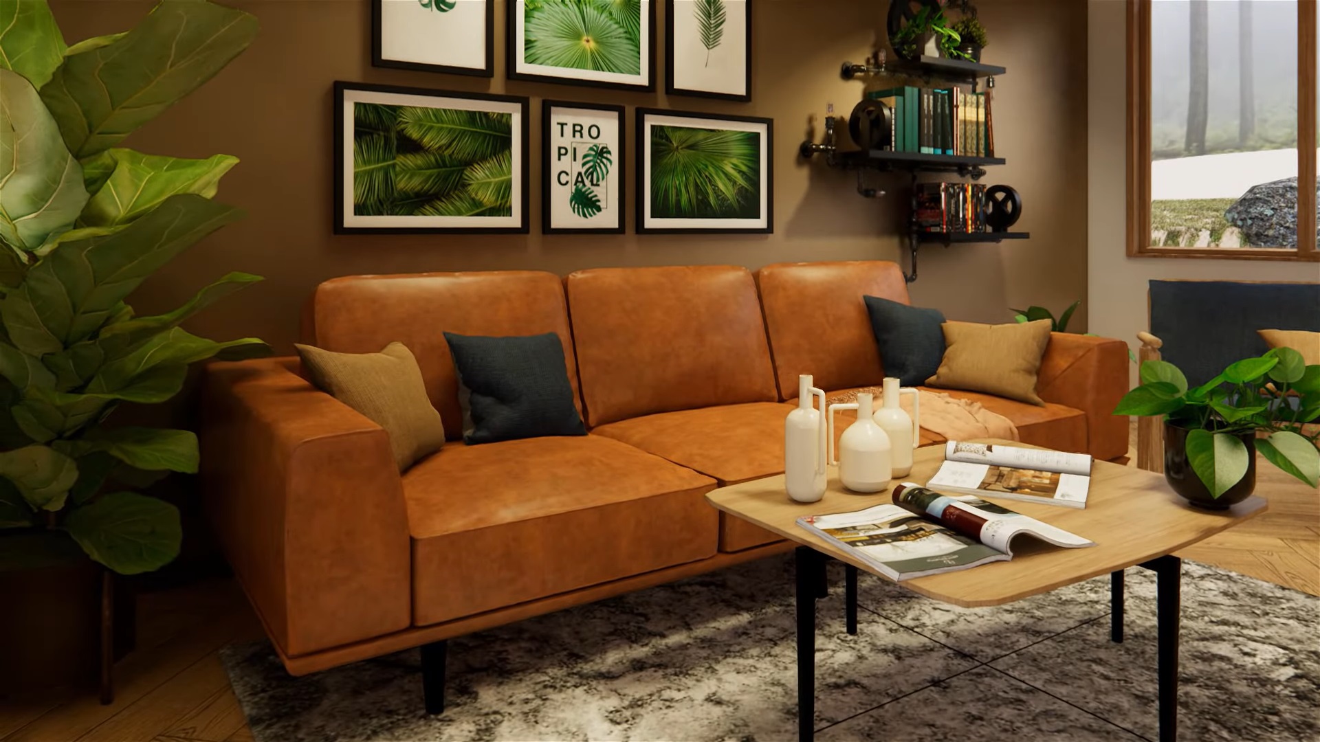 living room with a brown couch, big plant next to it with plants photos above, three black shelves and a square table