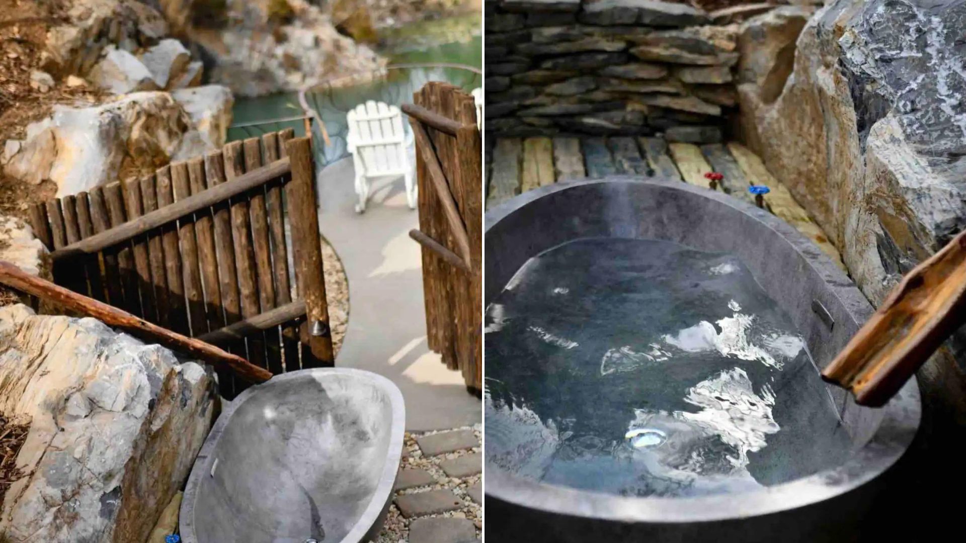 collage photo of the outside hot tub down by the lake, unique and rustic design