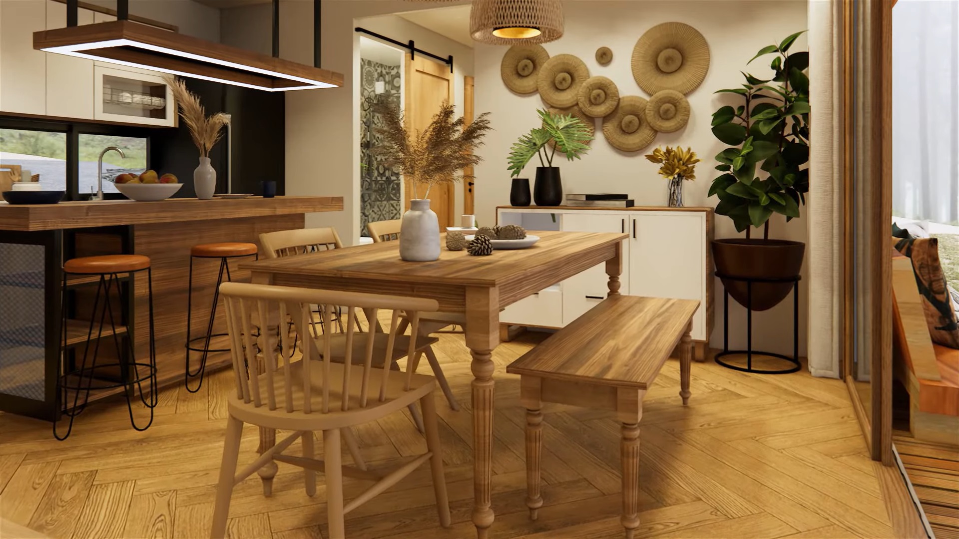 dining area with a brown, wooden dining table, wooden bench, wooden chairs, white cabinet and decor above it