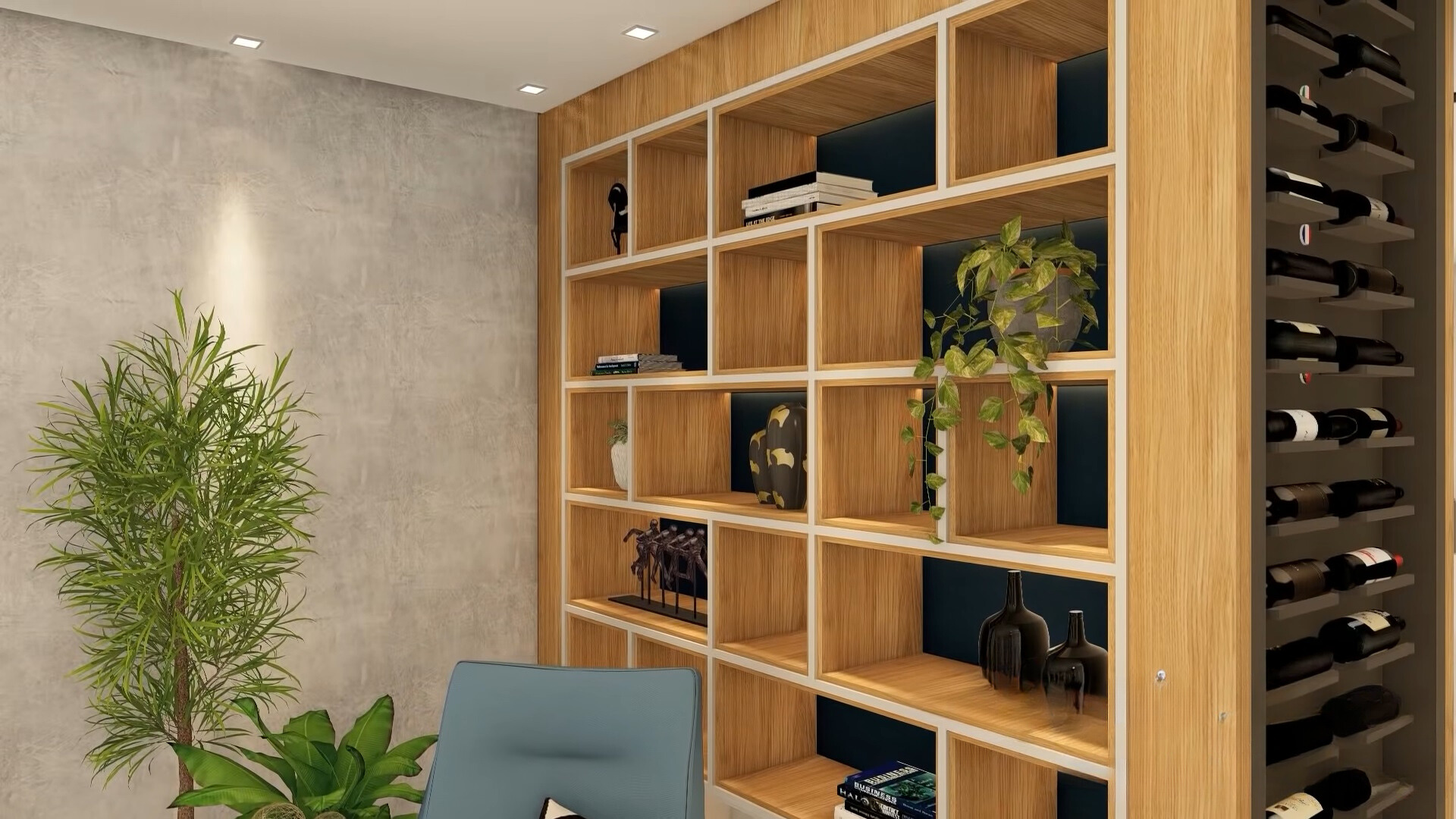 floor to ceiling shelves filled with books, plants and decor, on the side of it is a wine storage area