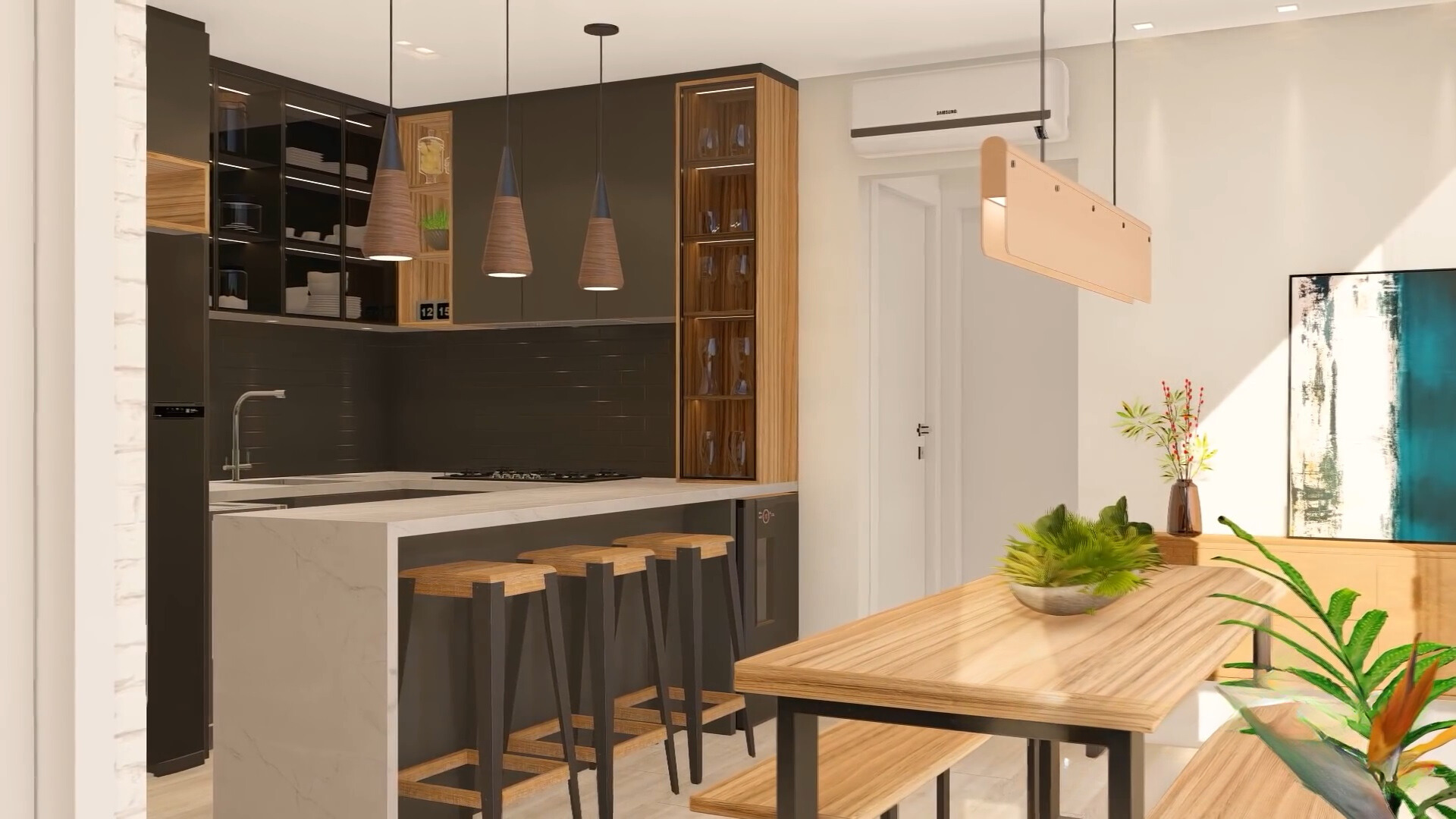 kitchen with brown cabinets and white countertop and an island and a dining room with a light brown dining table and two benches