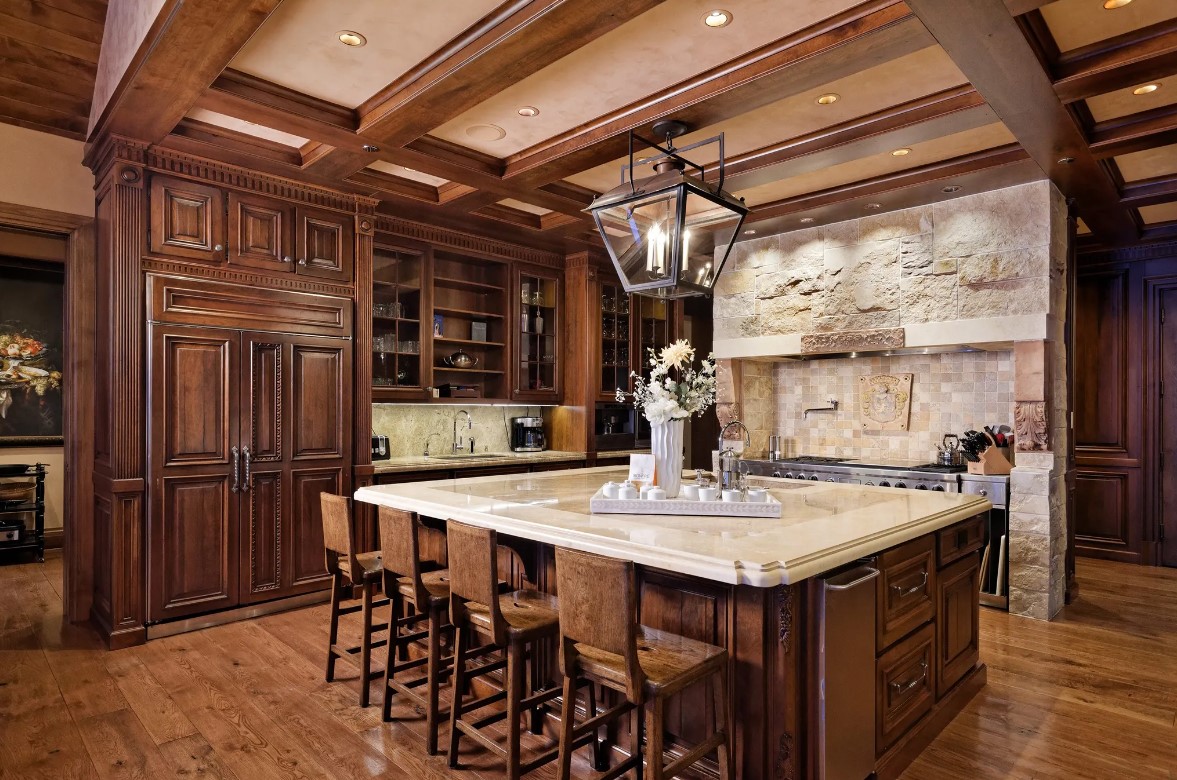 kitchen with brown cabinets and light colored countertops