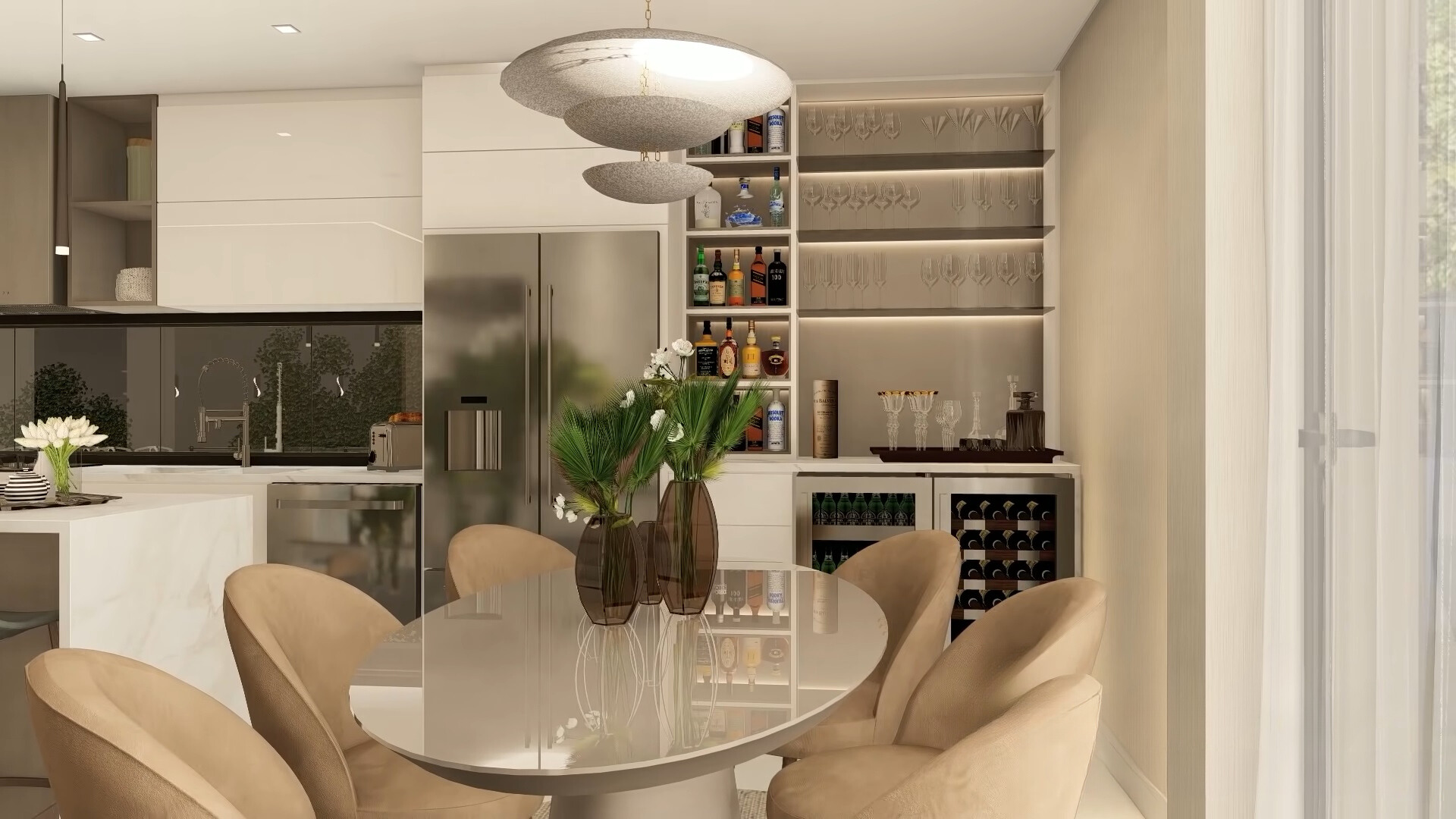 kitchen and dining room with the home var and an oval dining table with beige chairs around it