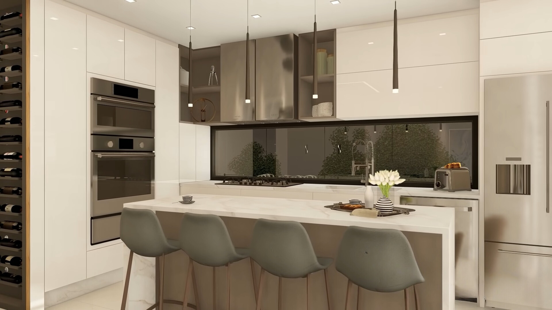 kitchen with white cabinets, white countertop and a rectangular window under the cabinets